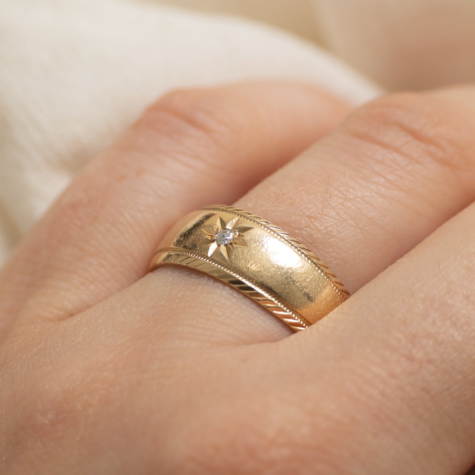 Star Set Diamond Milgrained & Engraved Dome Ring | SZ 10.75