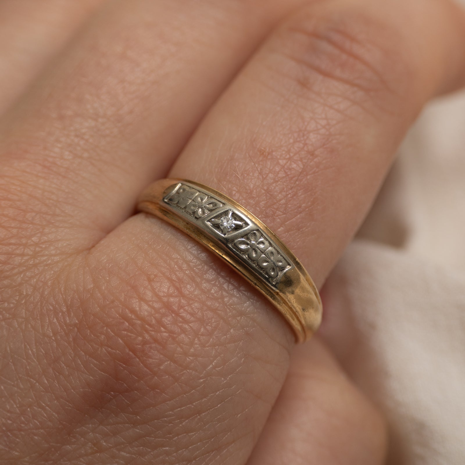 Two Tone Diamond Flower Engraved Dome Ring | SZ 11