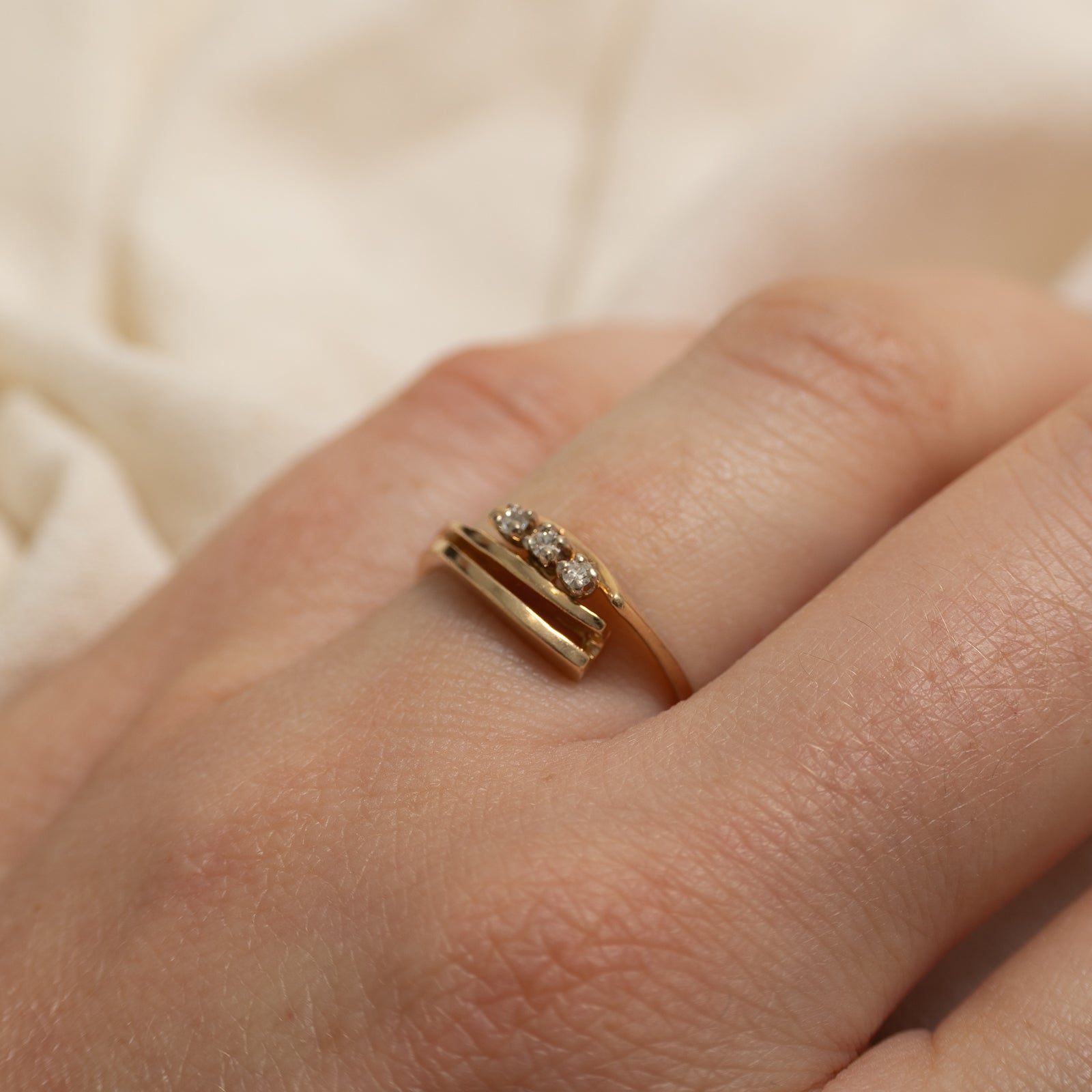 14k Three Stone Diamond Bypass Ring | SZ 6.25