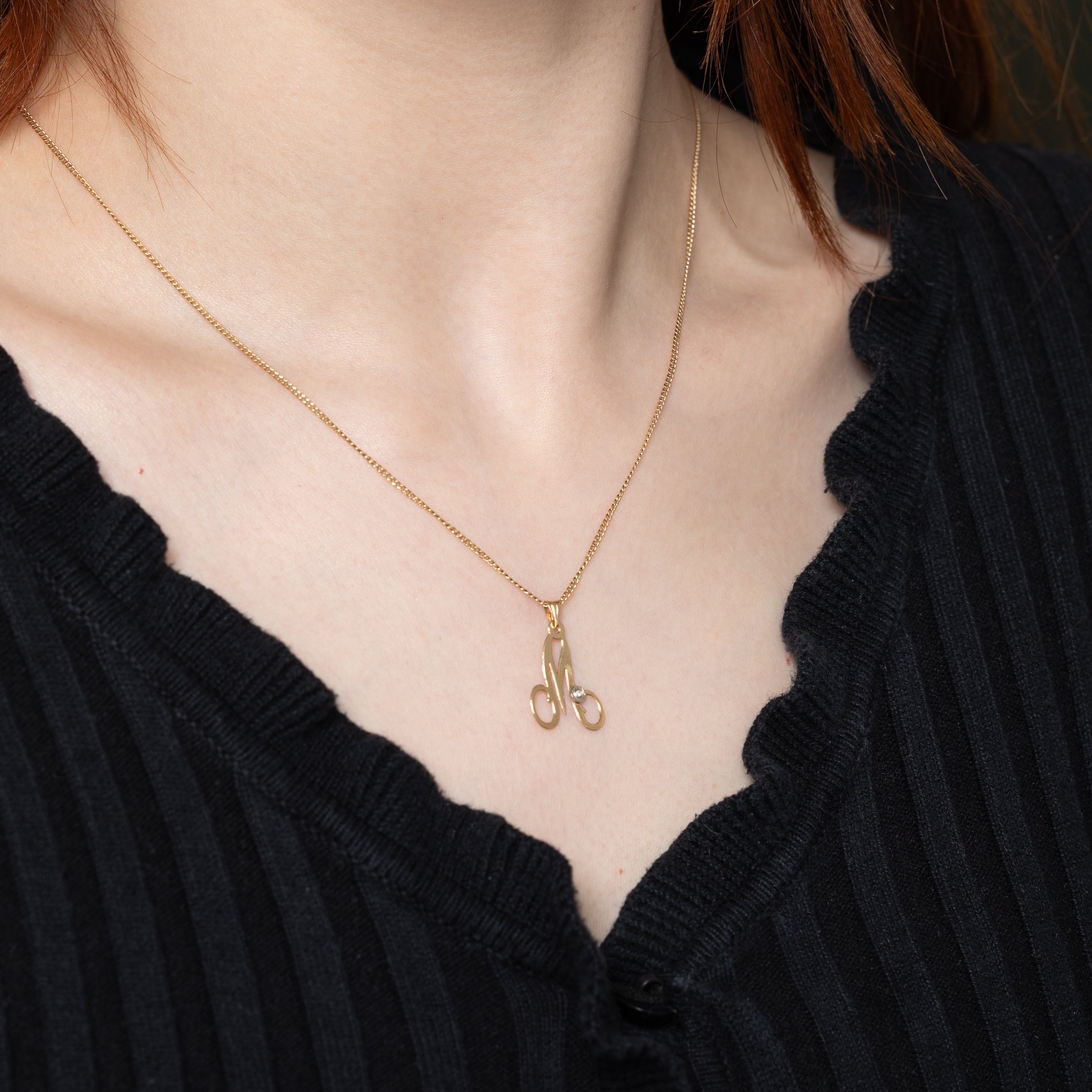 10k Bezel Set Diamond "M" Initial Pendant
