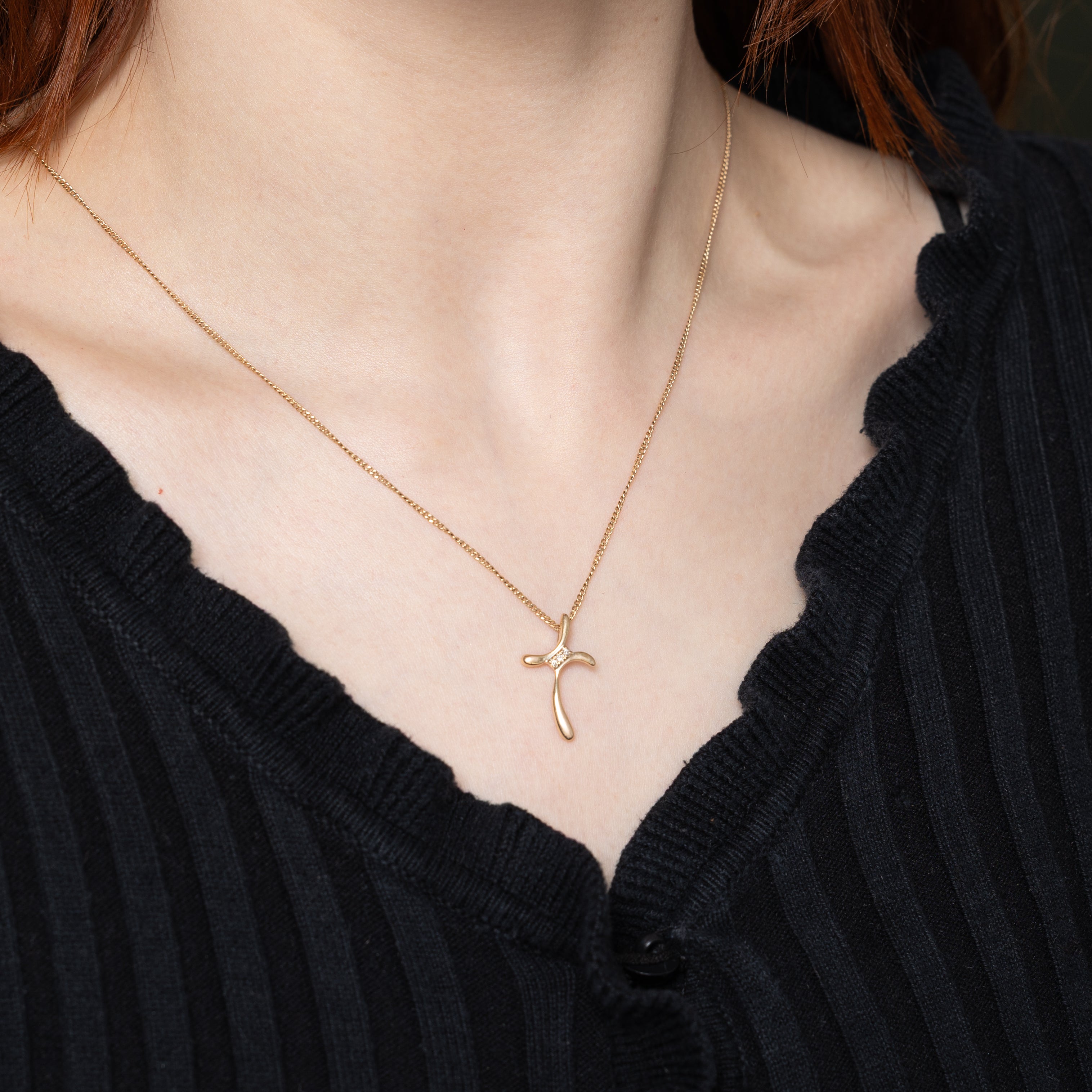 18k Yellow Gold Diamond Curved Cross Pendant