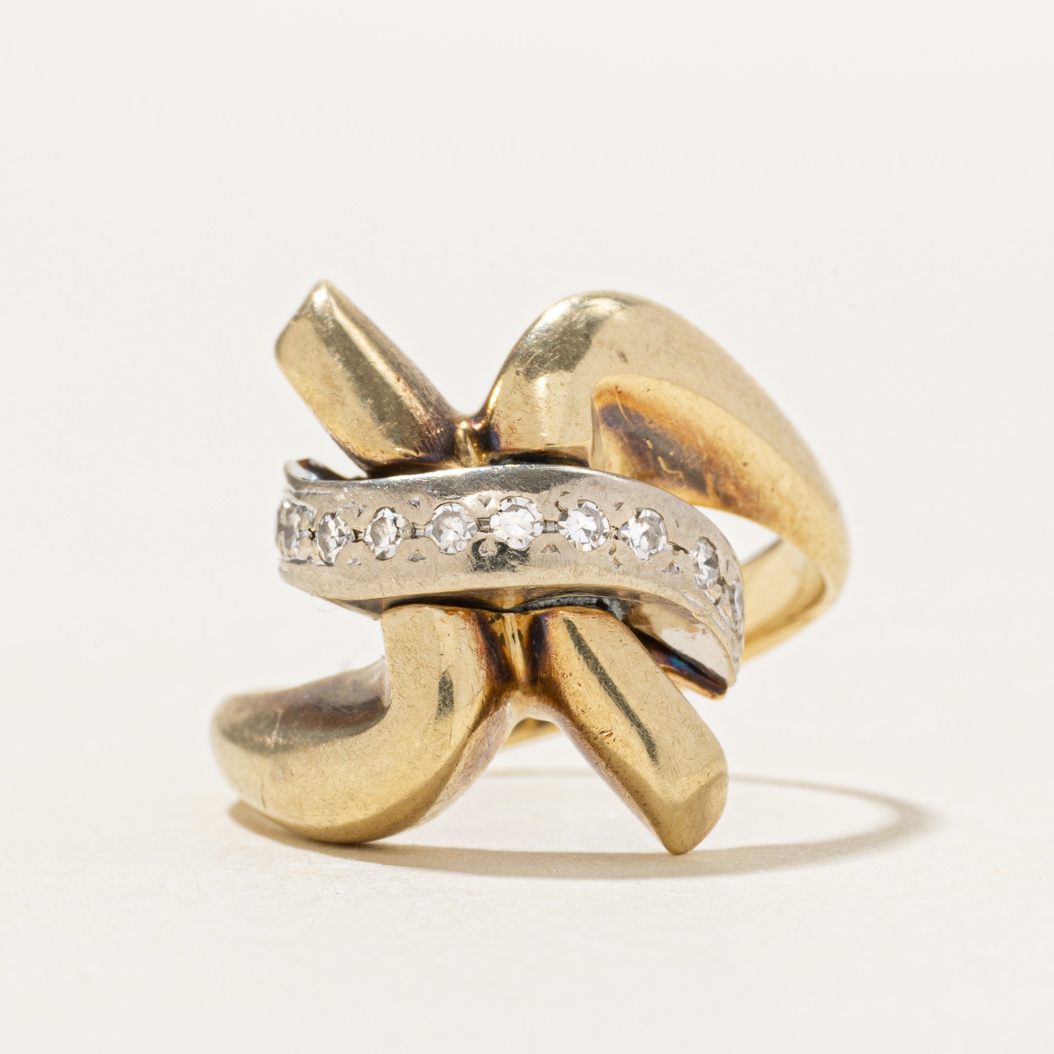 Two Tone Diamond Accent 'X' Cocktail Ring | SZ 5.5