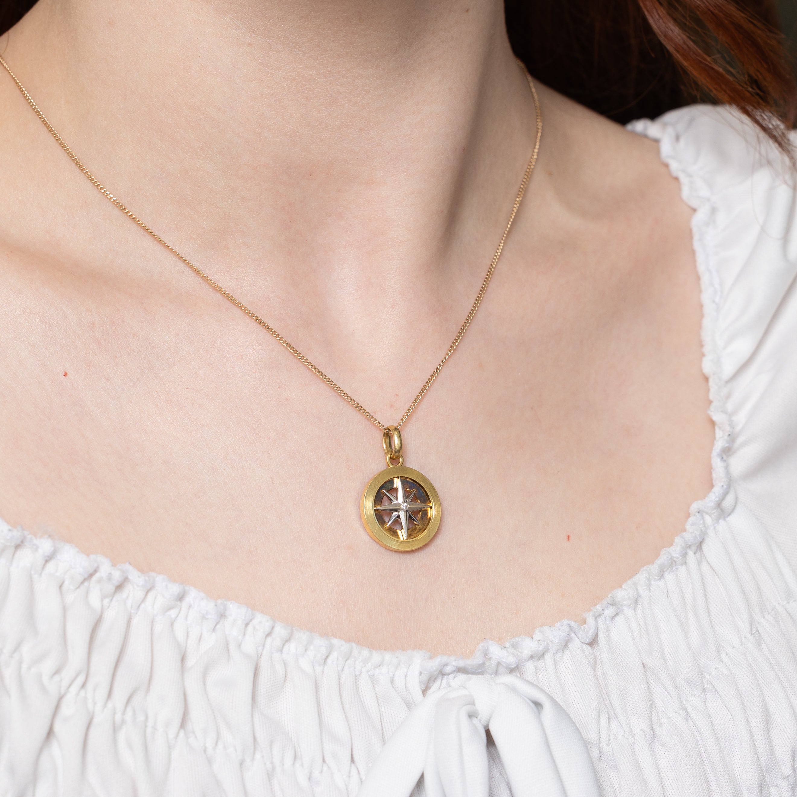 18k Two Tone Gold Diamond Compass Charm