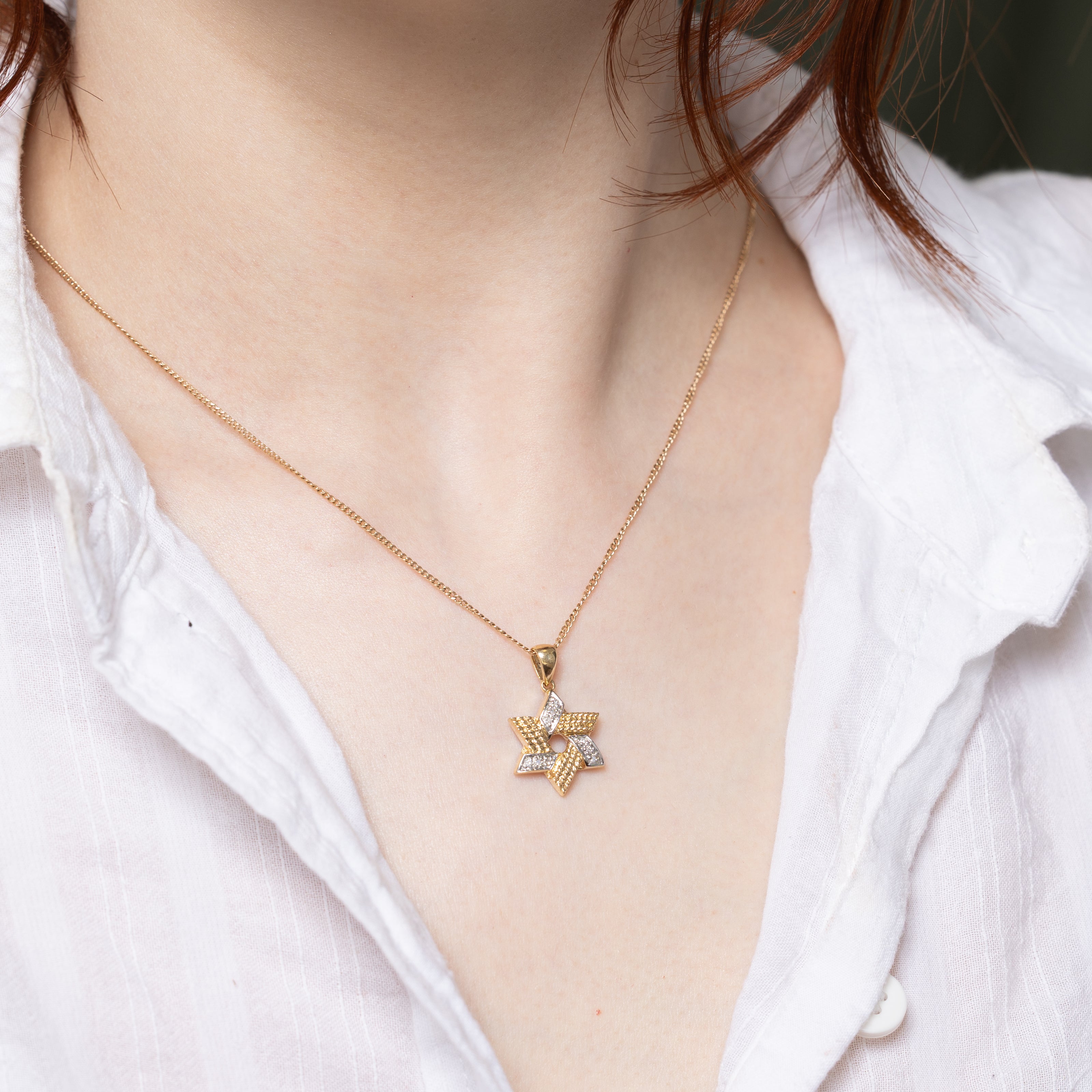 14k Two Tone Diamond Textured Star of David Charm