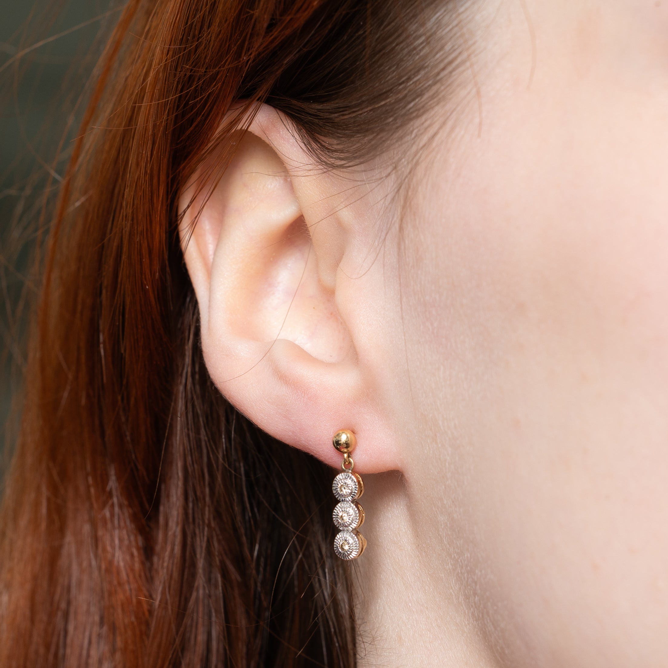 10k Three Stone Illusion Set Diamond Drop Earrings