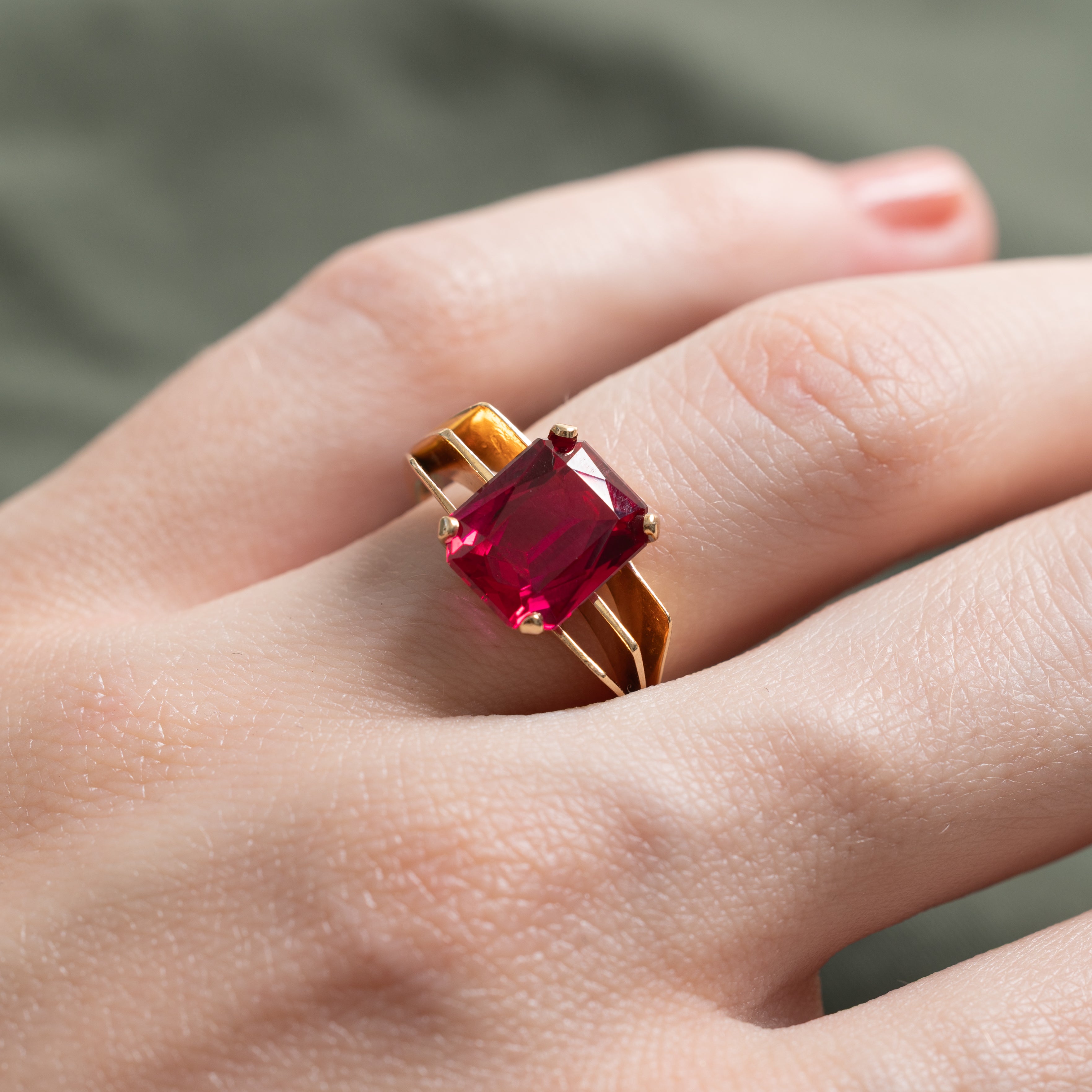 Radiant Cut Synthetic Ruby Open Shank Ring | 3.45ct | SZ 5