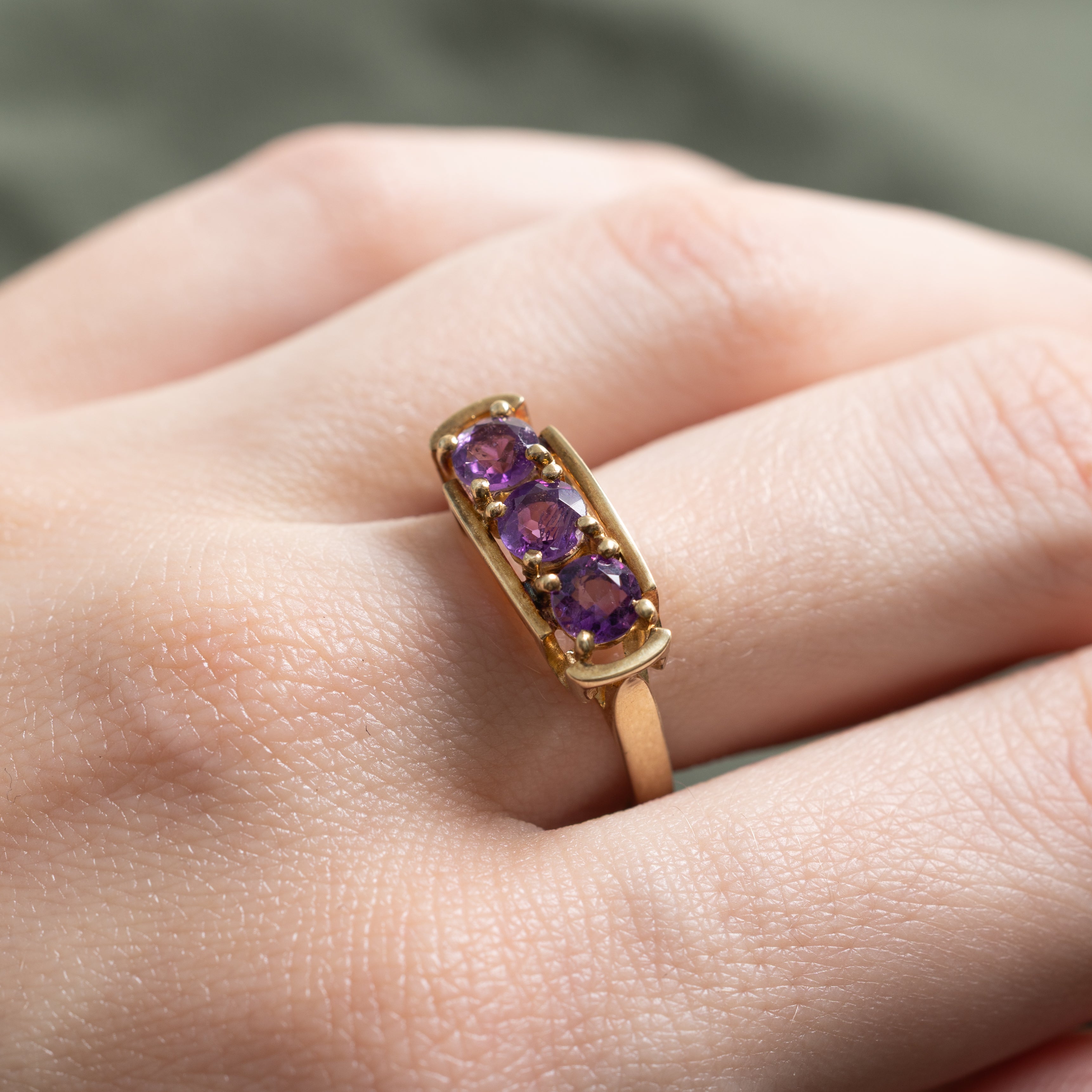 Three Stone Synthetic Purple Sapphire Openwork Ring | 1.35ctw | SZ 8