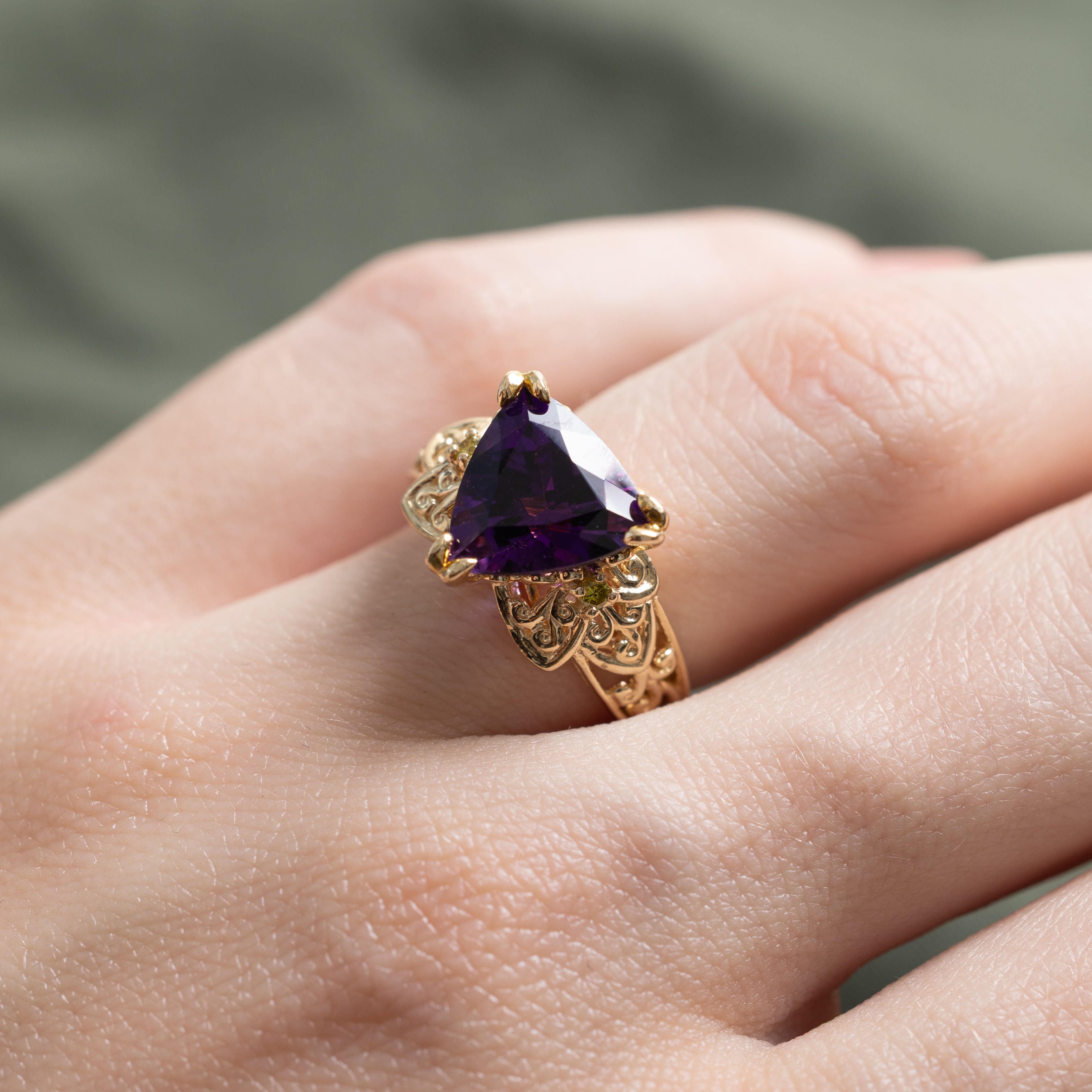 Trillion Cut Synthetic Purple Sapphire & Yellow Diamond Cocktail Ring | 3.00ct, 0.04ctw | SZ 5.5