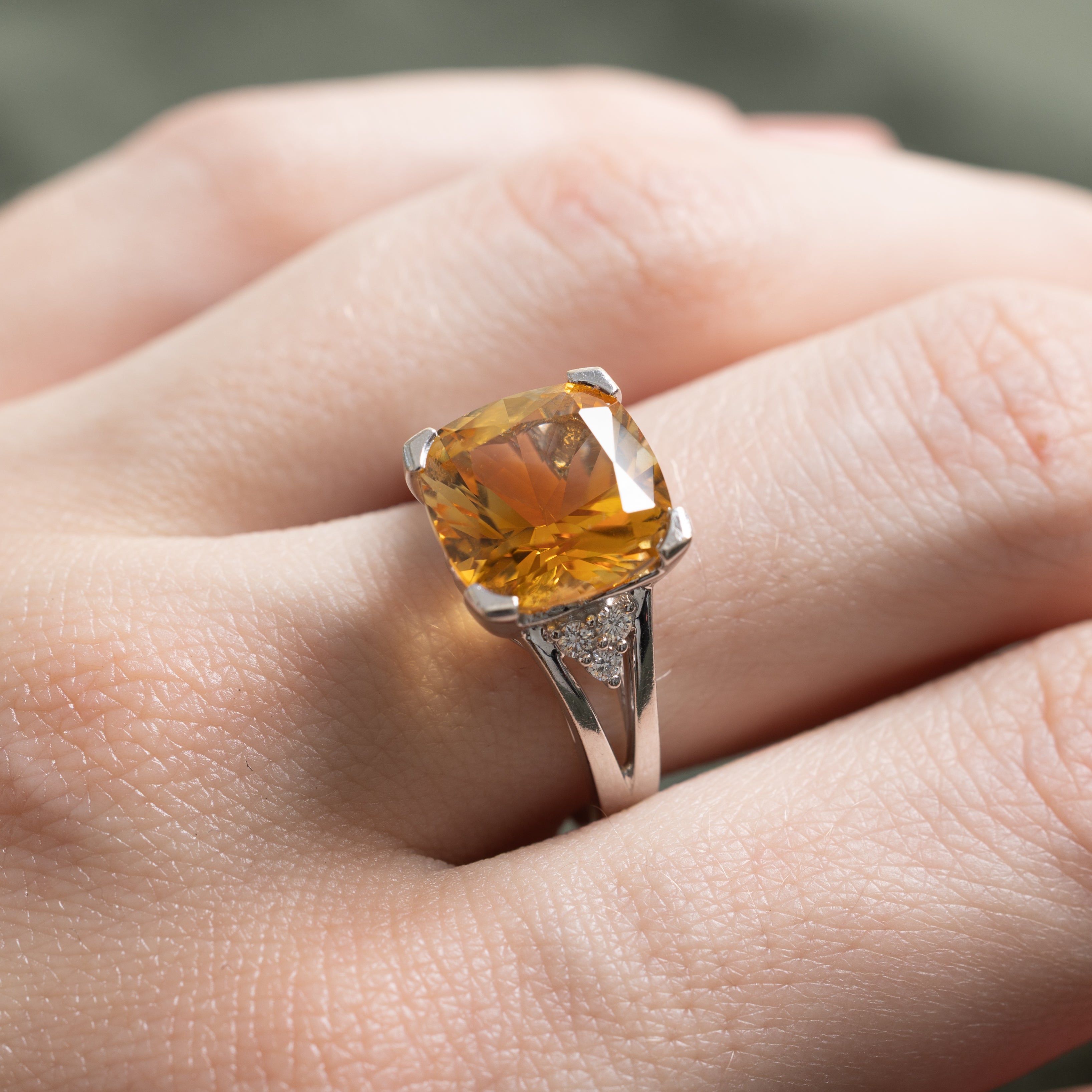 Cushion Cut Citrine & Diamond Open Shank Cocktail Ring | 4.04ct, 0.09ctw | SZ 7