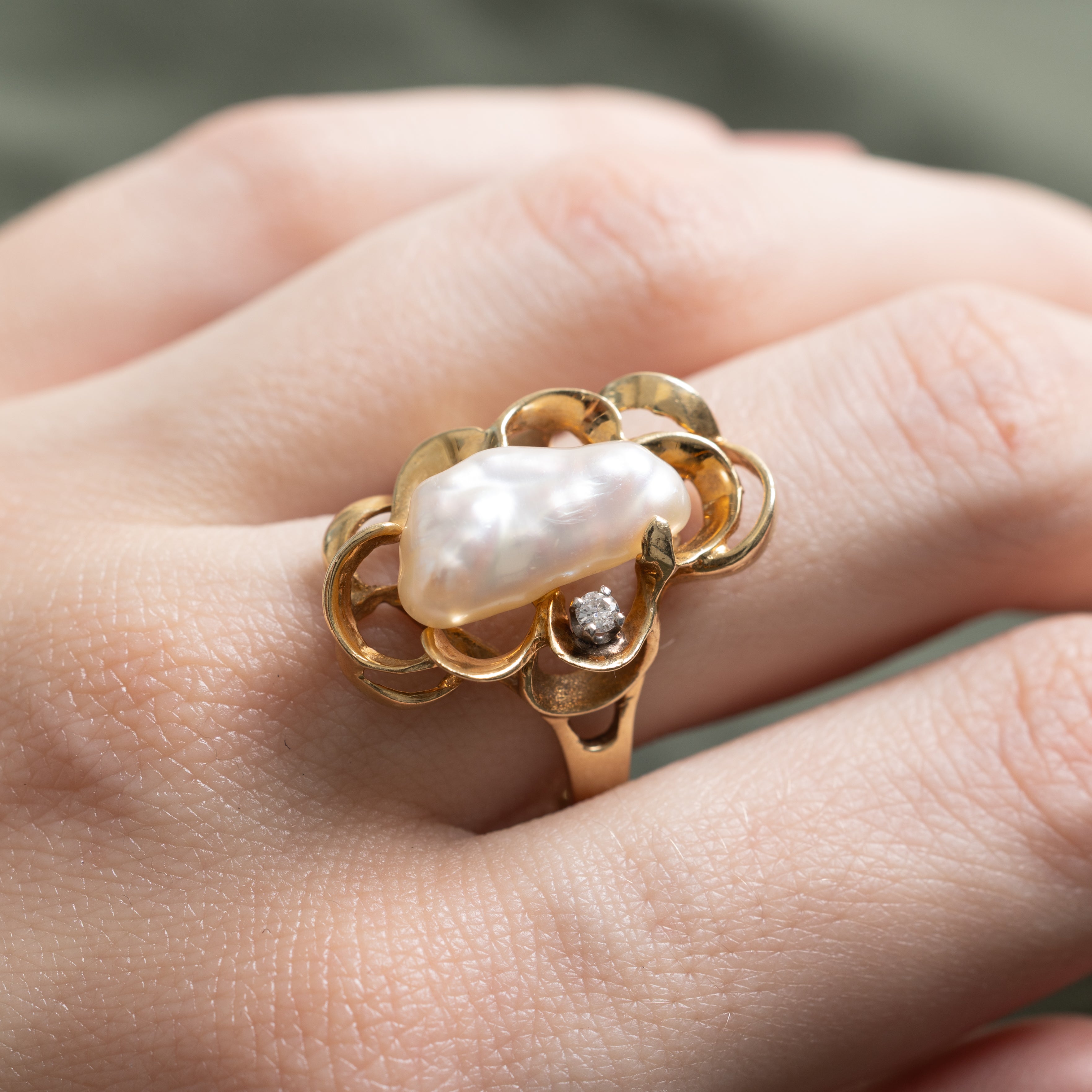 Baroque Pearl & Diamond Openwork Cocktail Ring | 0.005ct | SZ 8