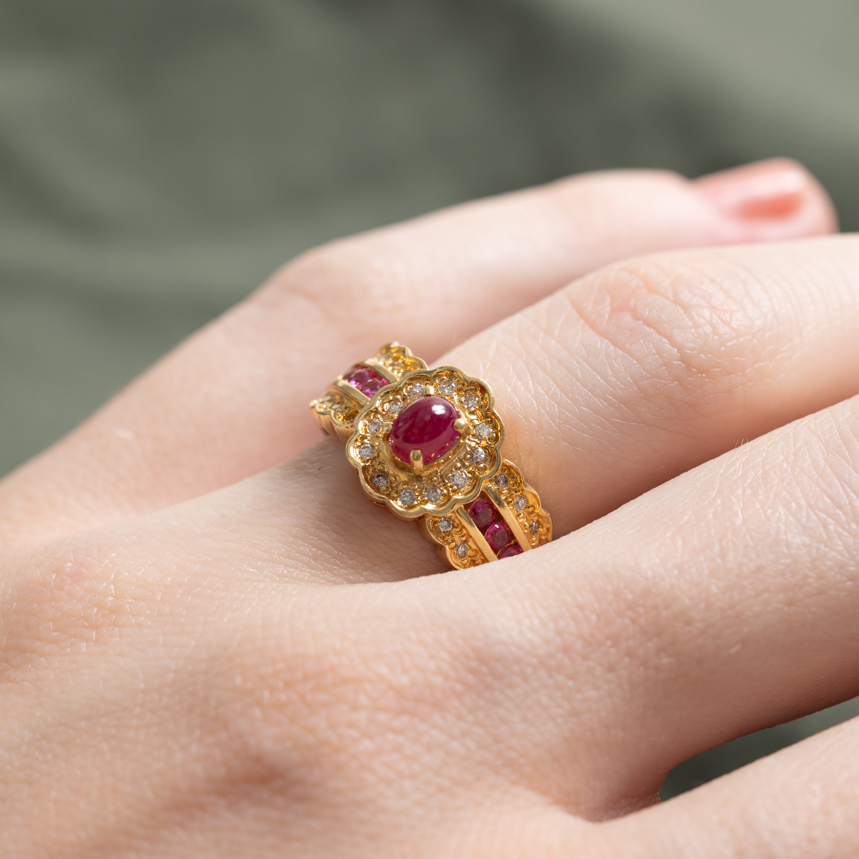 18k Ruby & Diamond Scalloped Halo Ring | 0.88ctw, 0.12ctw | SZ 6