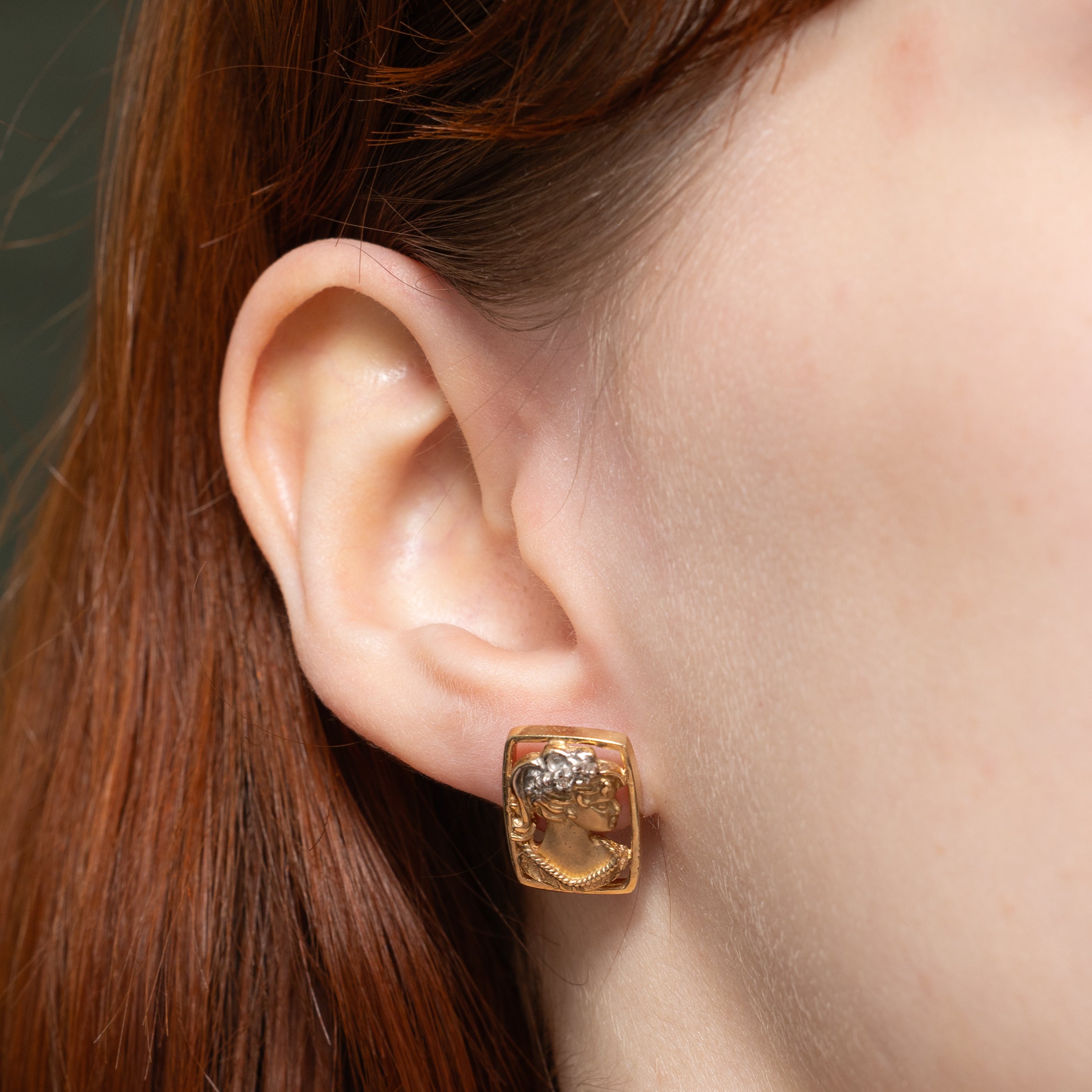 14k Diamond Gold Cameo Stud Earrings