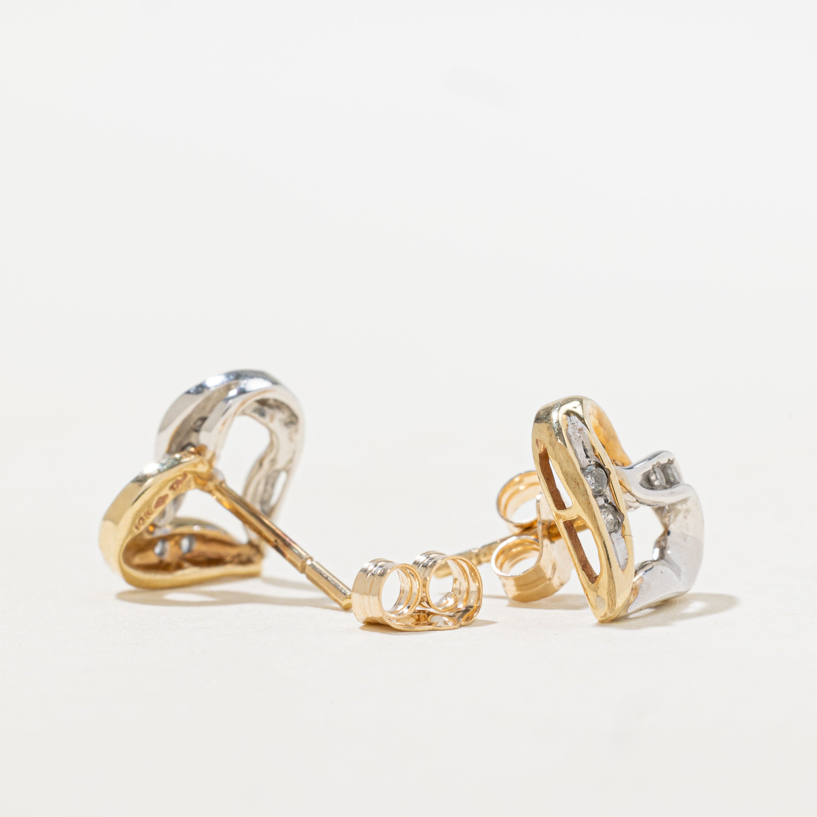 10k Two Tone Gold Diamond Open Heart Stud Earrings