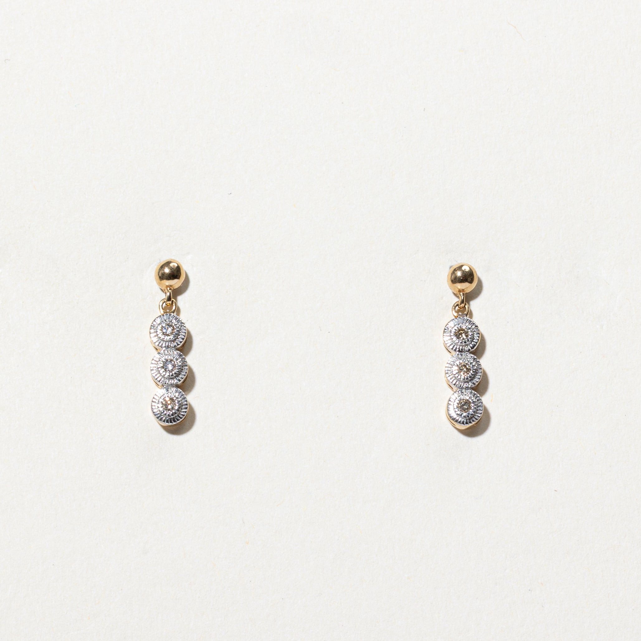 10k Three Stone Illusion Set Diamond Drop Earrings