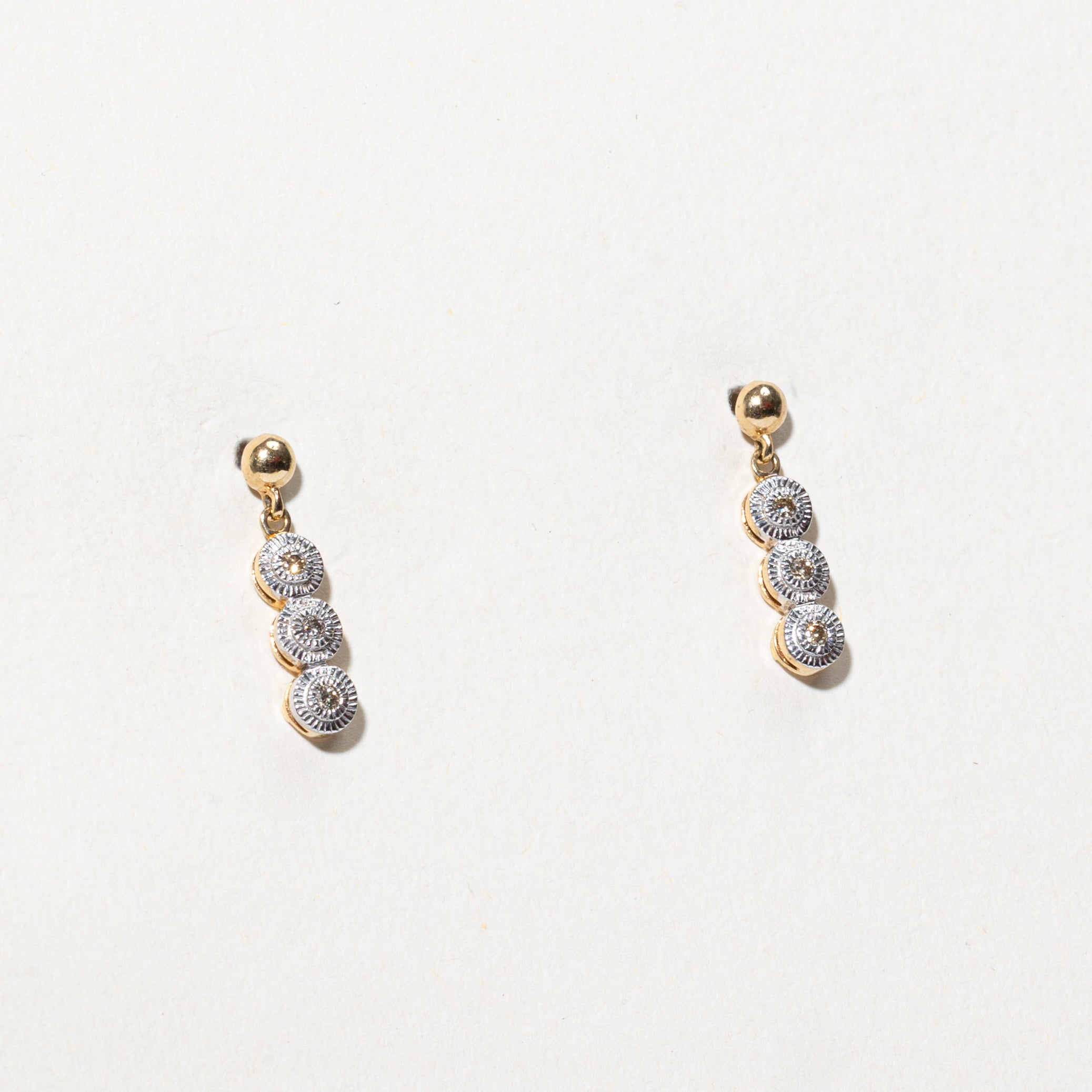 10k Three Stone Illusion Set Diamond Drop Earrings