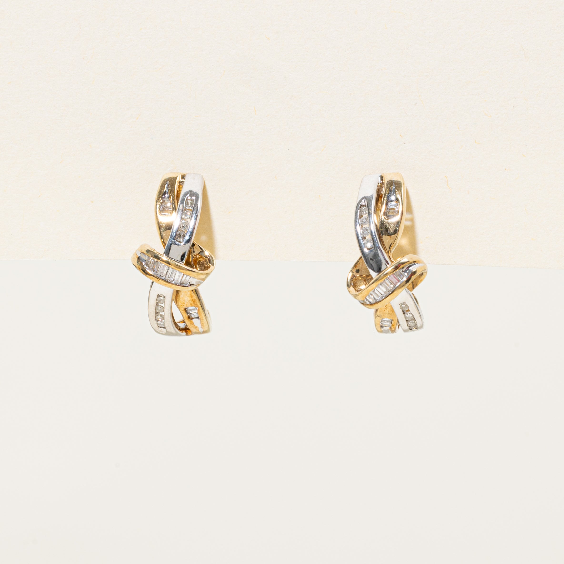 10k Two Tone Gold Diamond Twisted Half Hoop Earrings