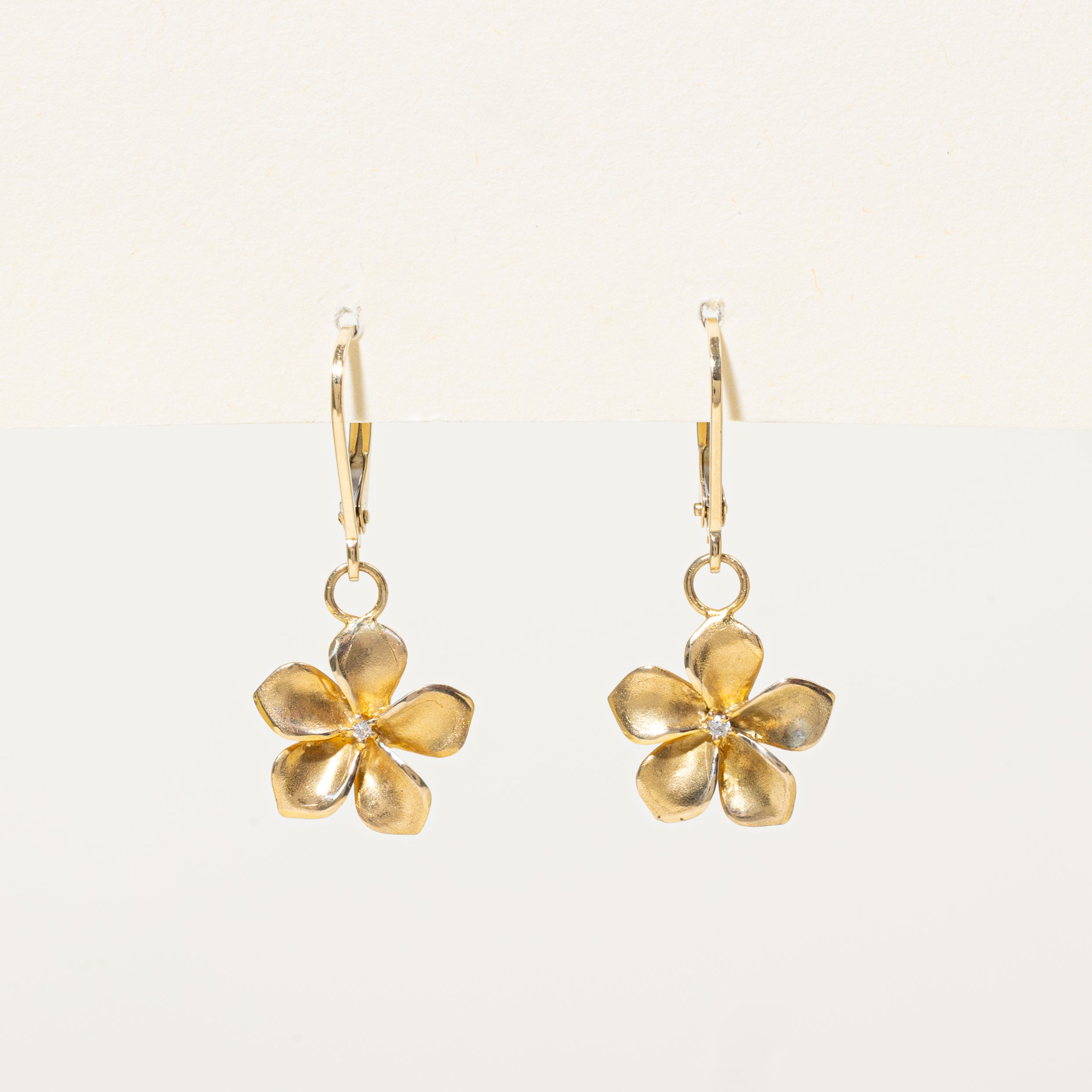 14k Diamond Plumeria Flower Drop Earrings