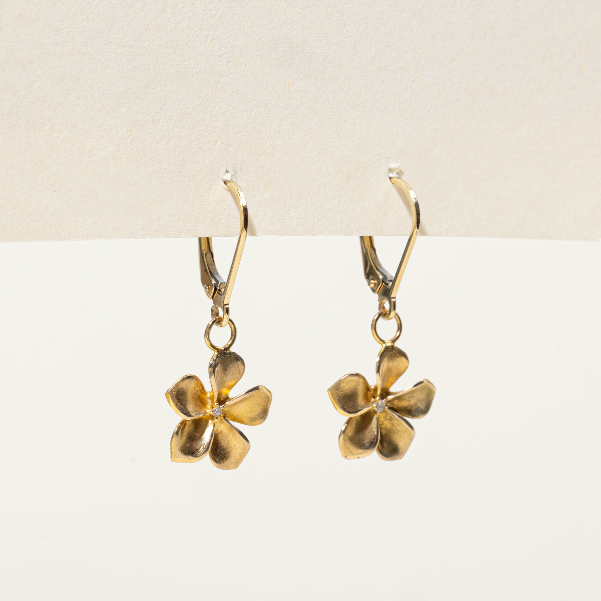 14k Diamond Plumeria Flower Drop Earrings