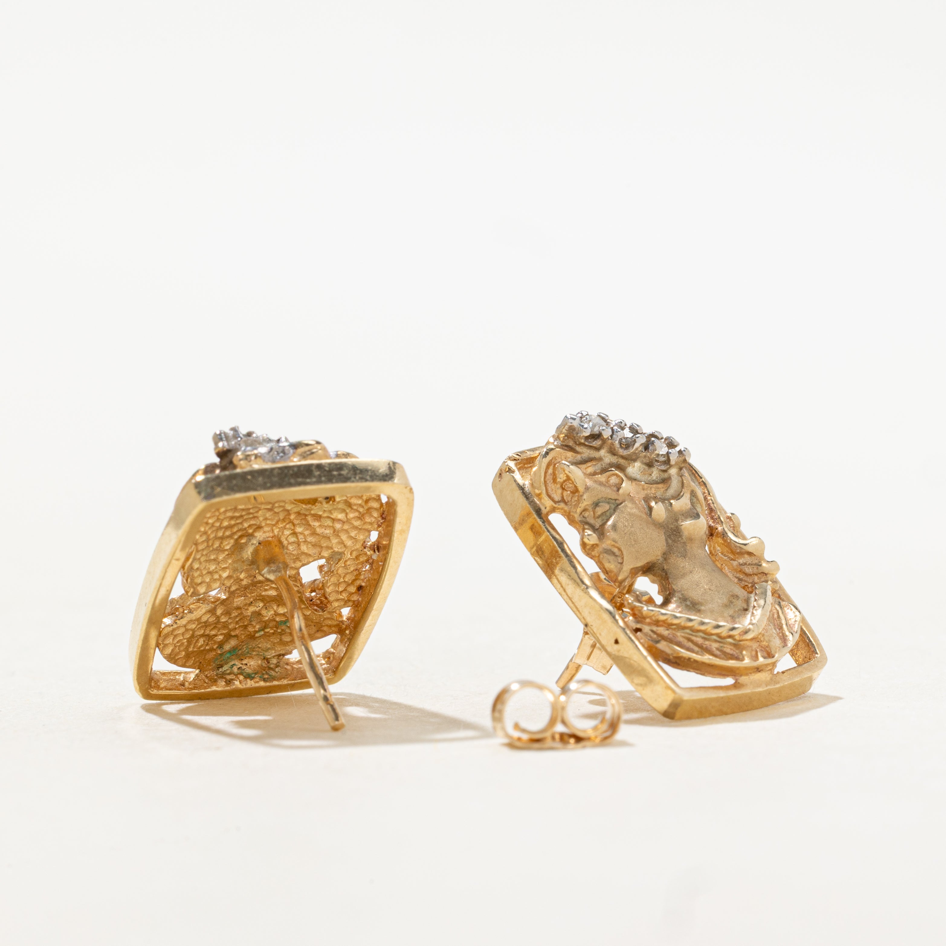 14k Diamond Gold Cameo Stud Earrings