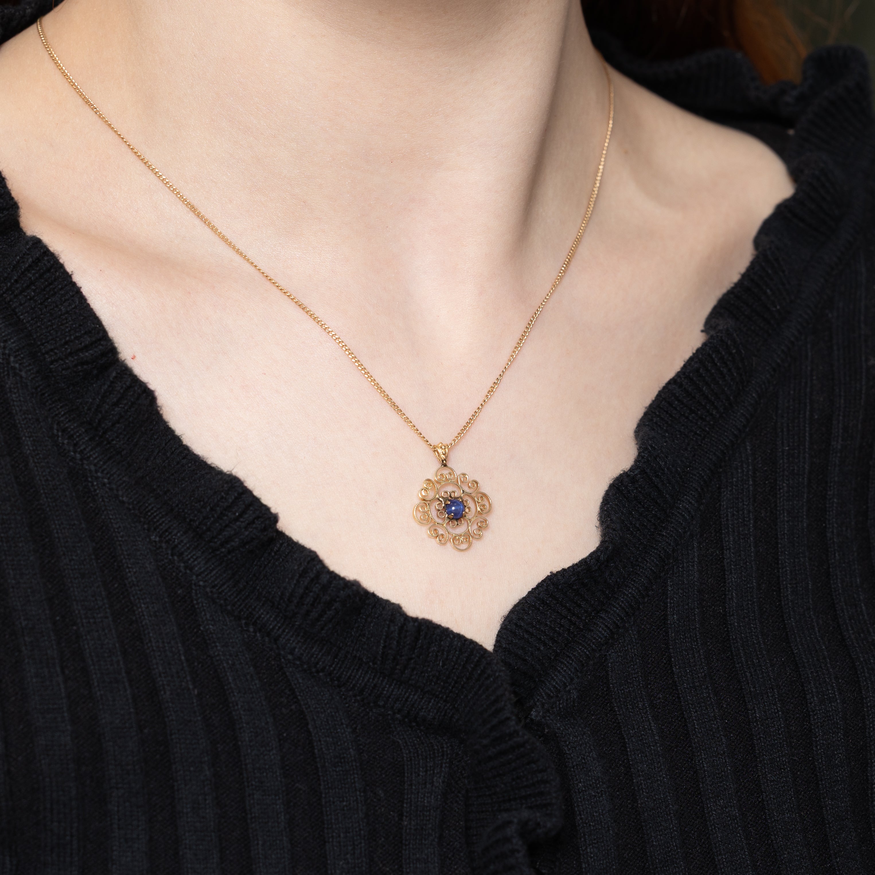 10k, 14k Synthetic Sapphire Scrollwork Pendant | 0.16ct