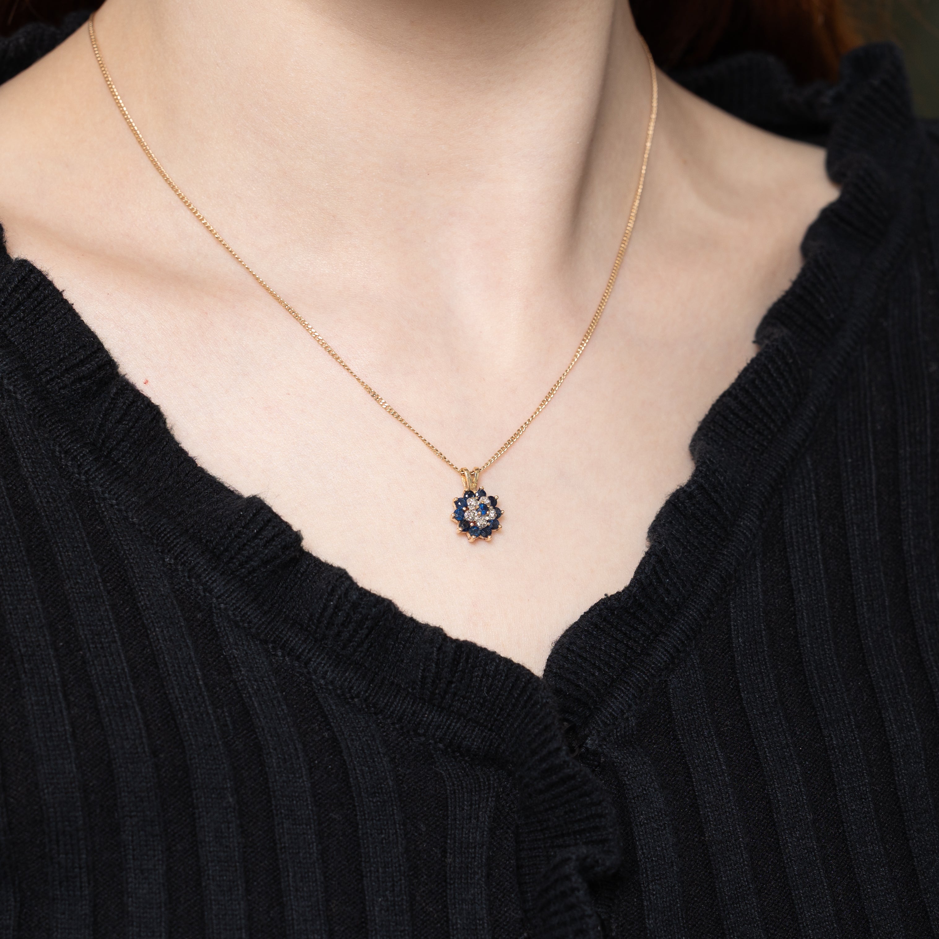 10k Sapphire & Diamond Cluster Pendant
