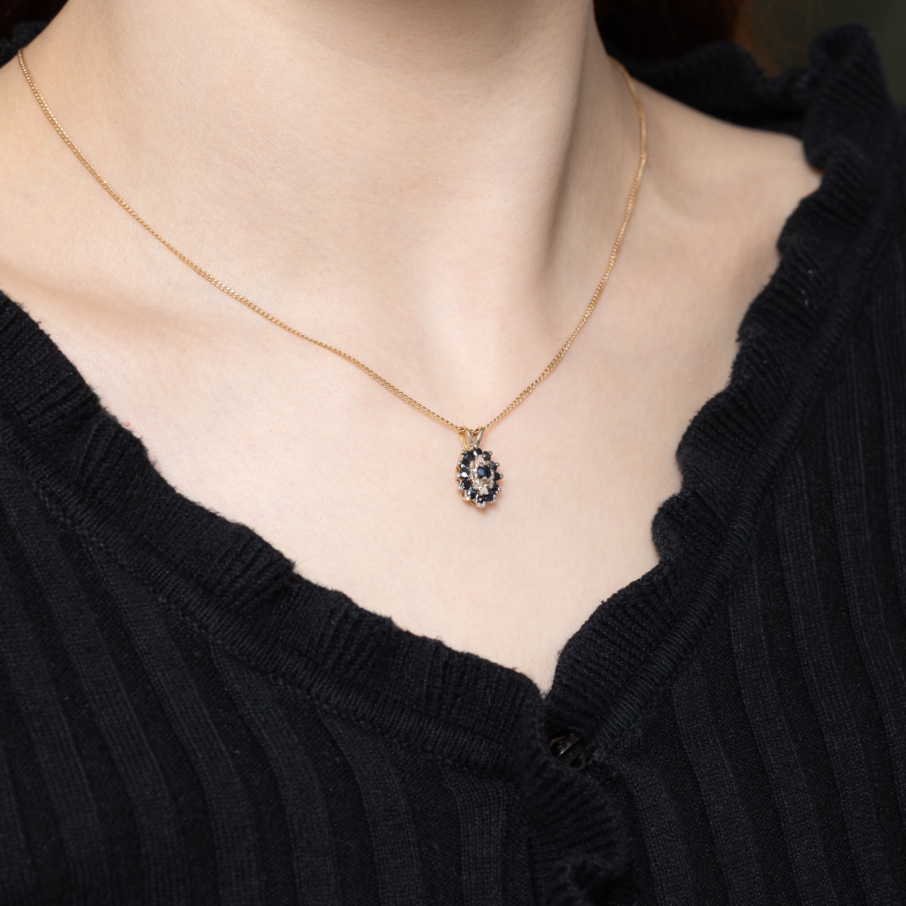 10k Sapphire & Diamond Cluster Pendant