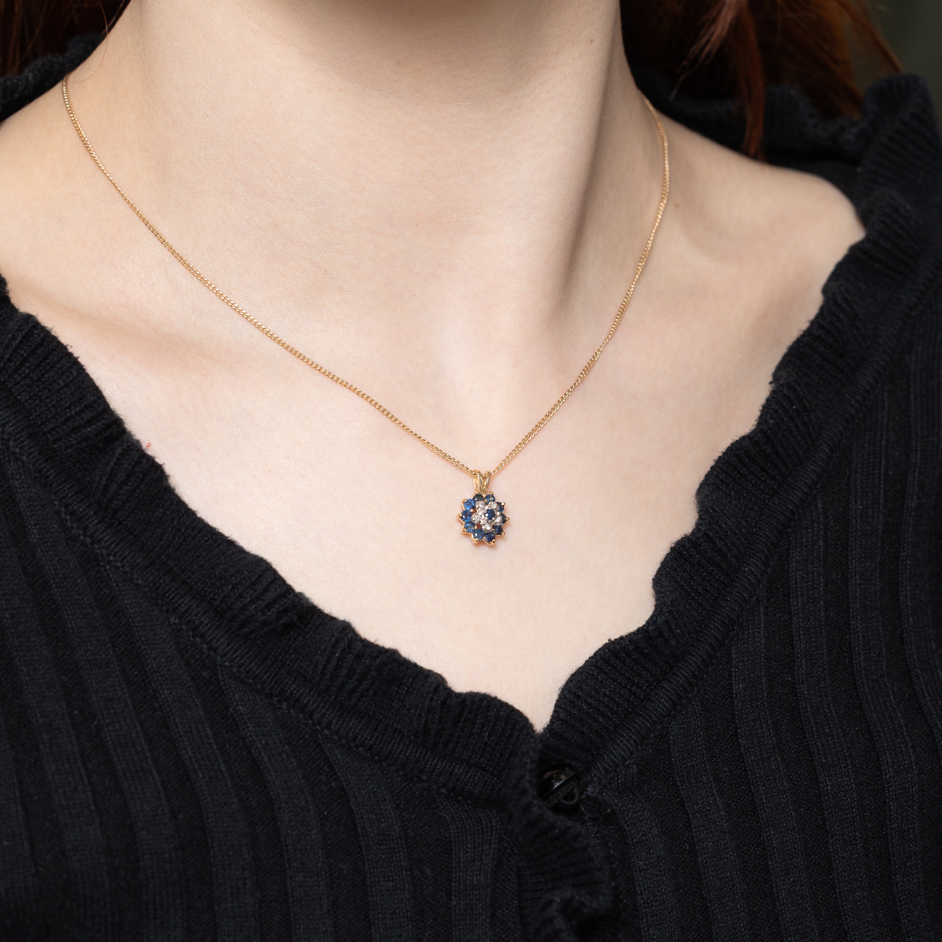 10k Sapphire & Diamond Cluster Pendant