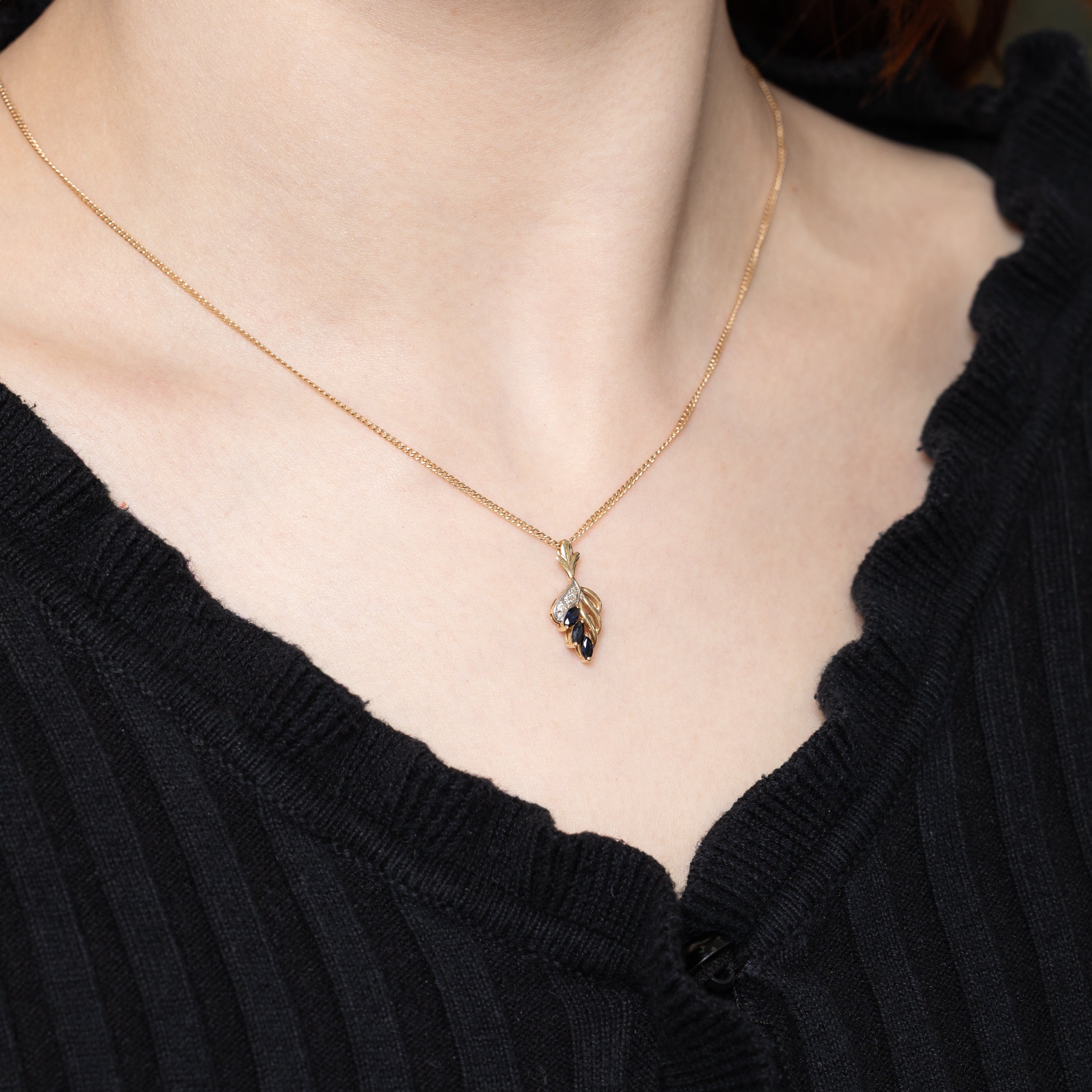 14k Sapphire & Diamond Leaf Pendant