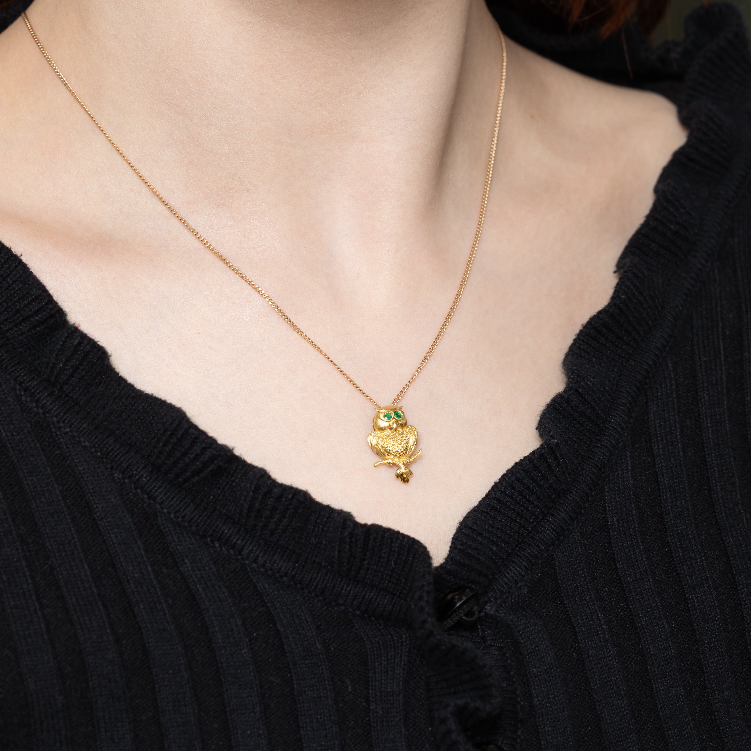 18k Emerald Textured Perched Owl Pendant | 0.02ctw
