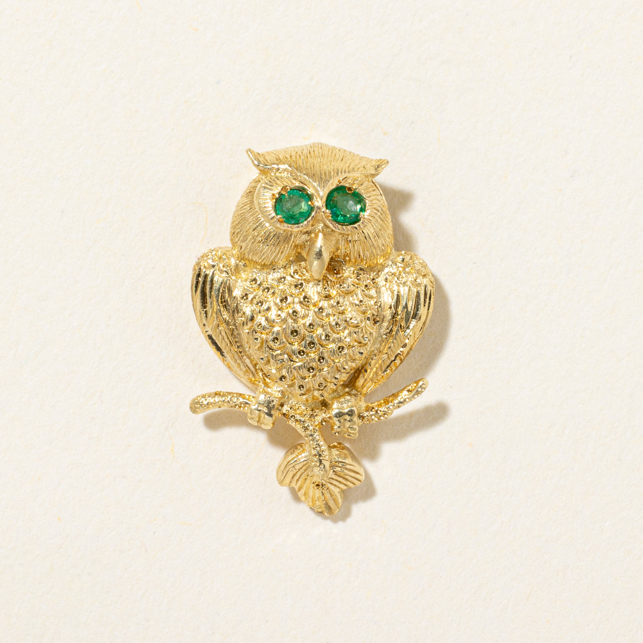 18k Emerald Textured Perched Owl Pendant | 0.02ctw