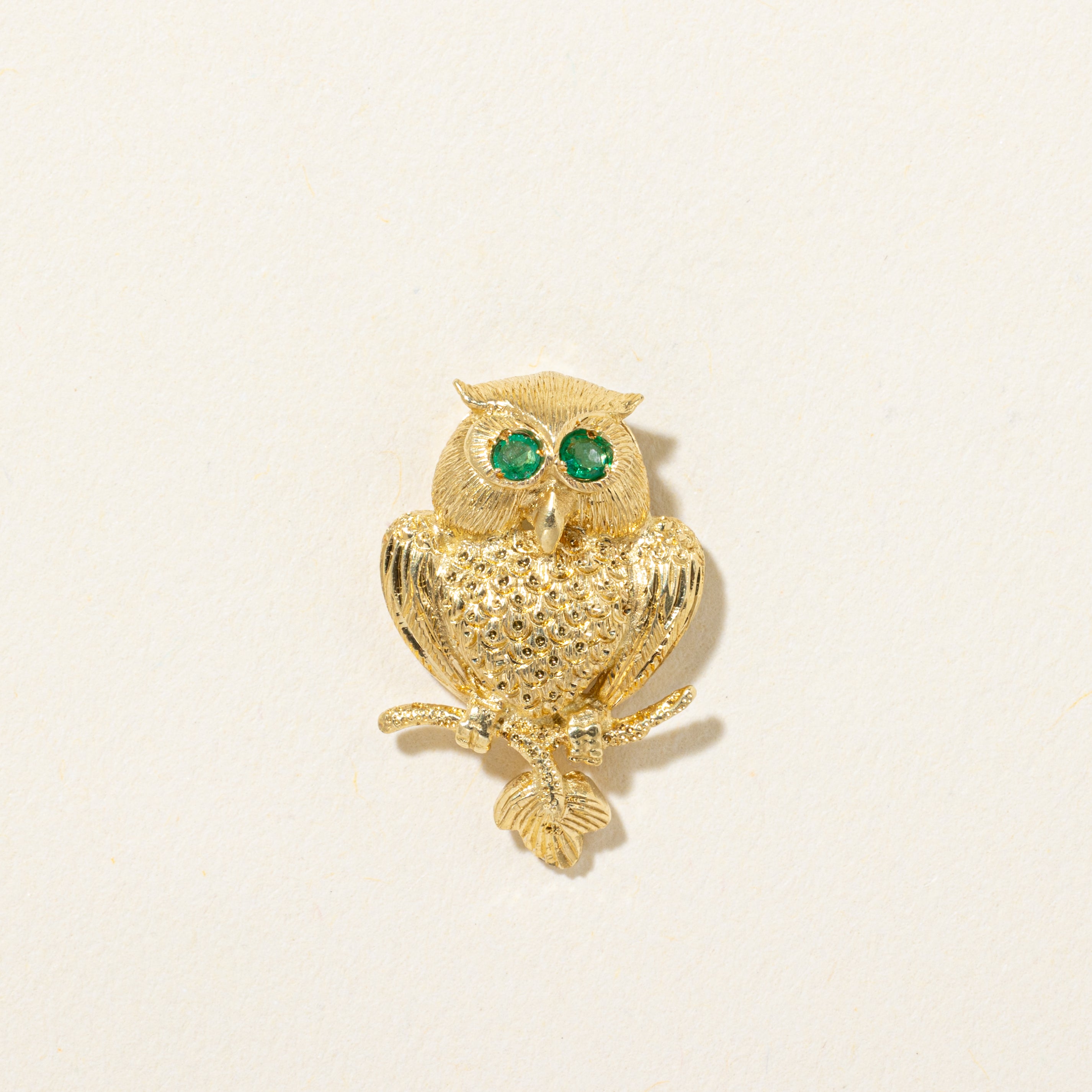 18k Emerald Textured Perched Owl Pendant | 0.02ctw