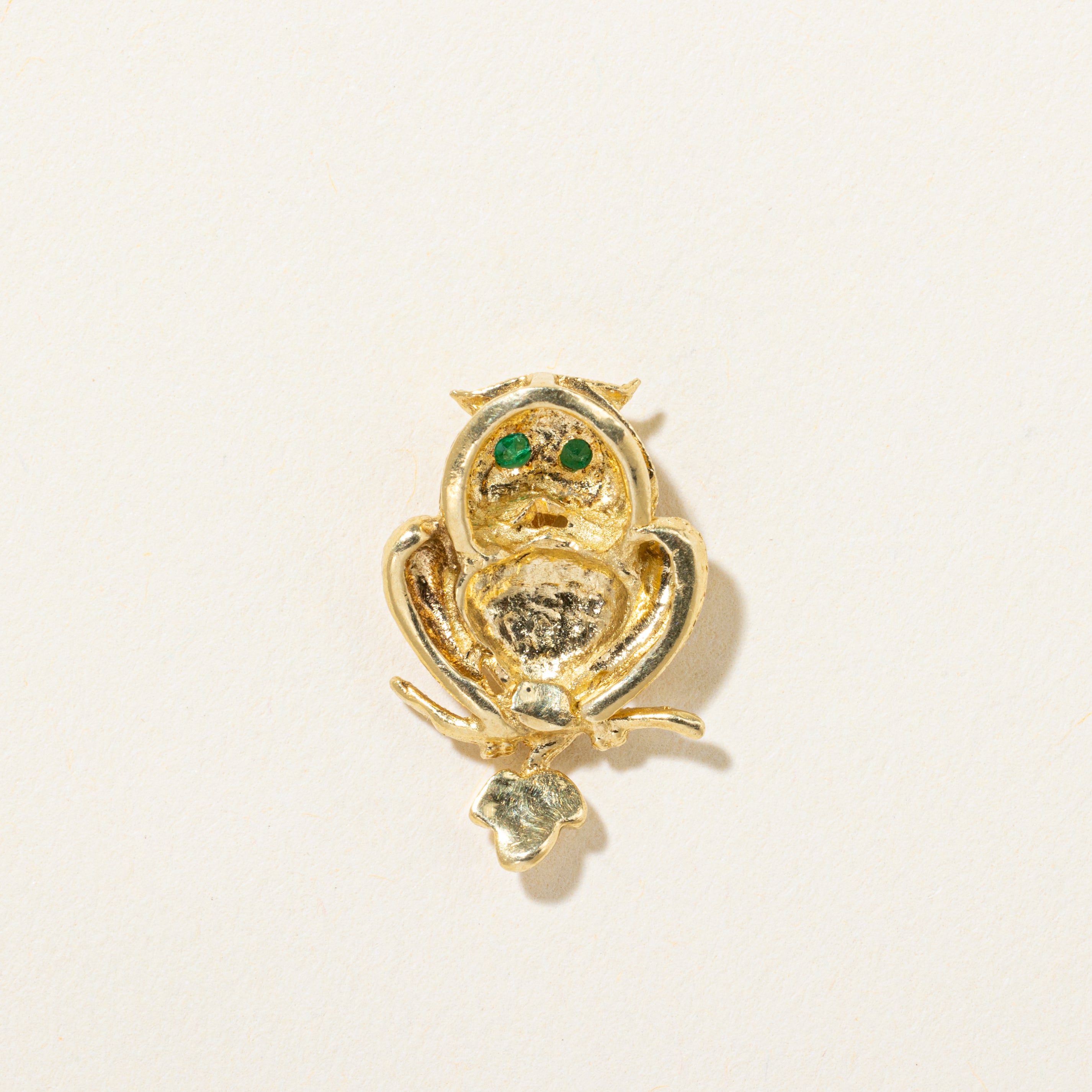 18k Emerald Textured Perched Owl Pendant | 0.02ctw