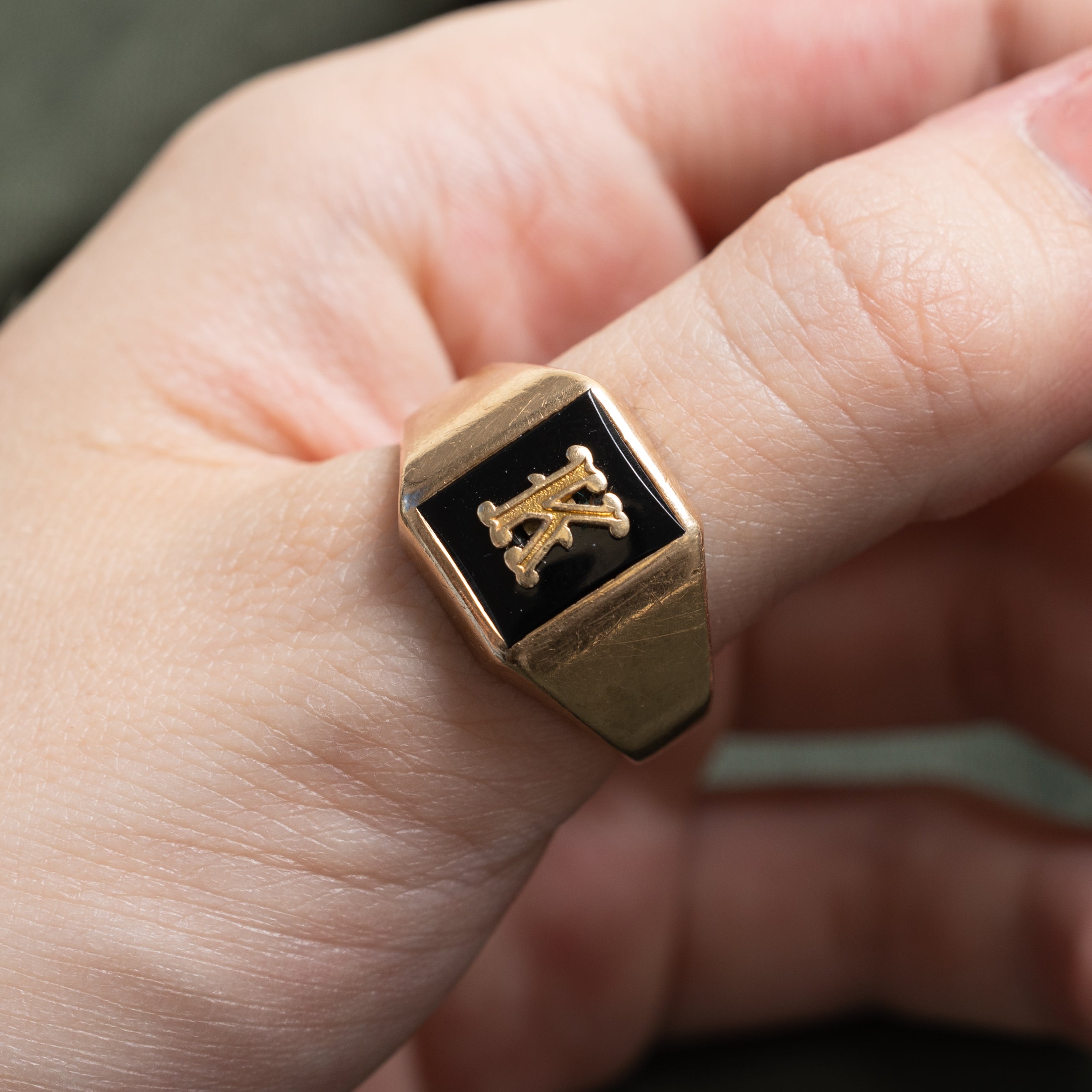 10k Rectangular Onyx "K" Initial Signet Ring | 1.12ct | SZ 10.75