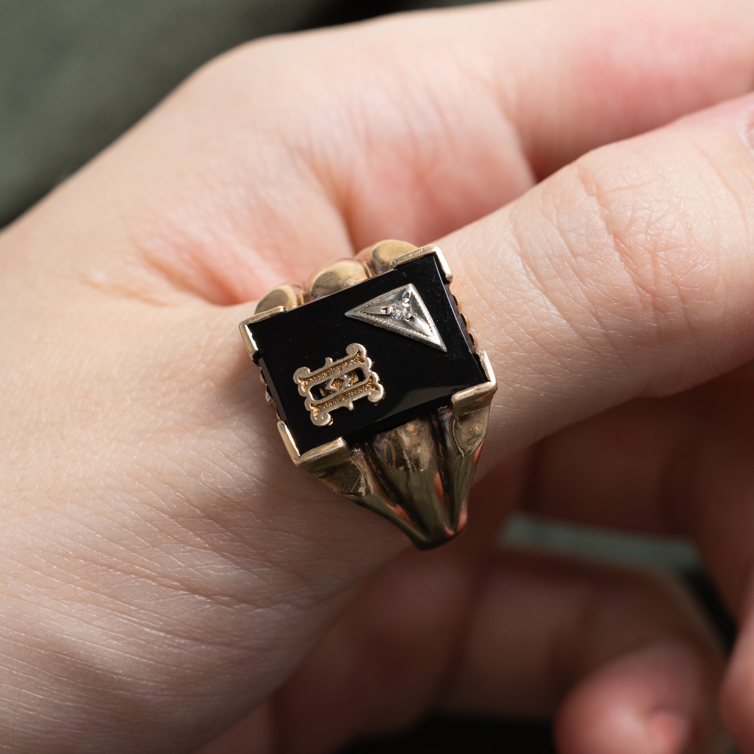 Vintage Canadian 10k Onyx & Diamond "H" Initial Signet Ring | 2.50ct | SZ 12.5