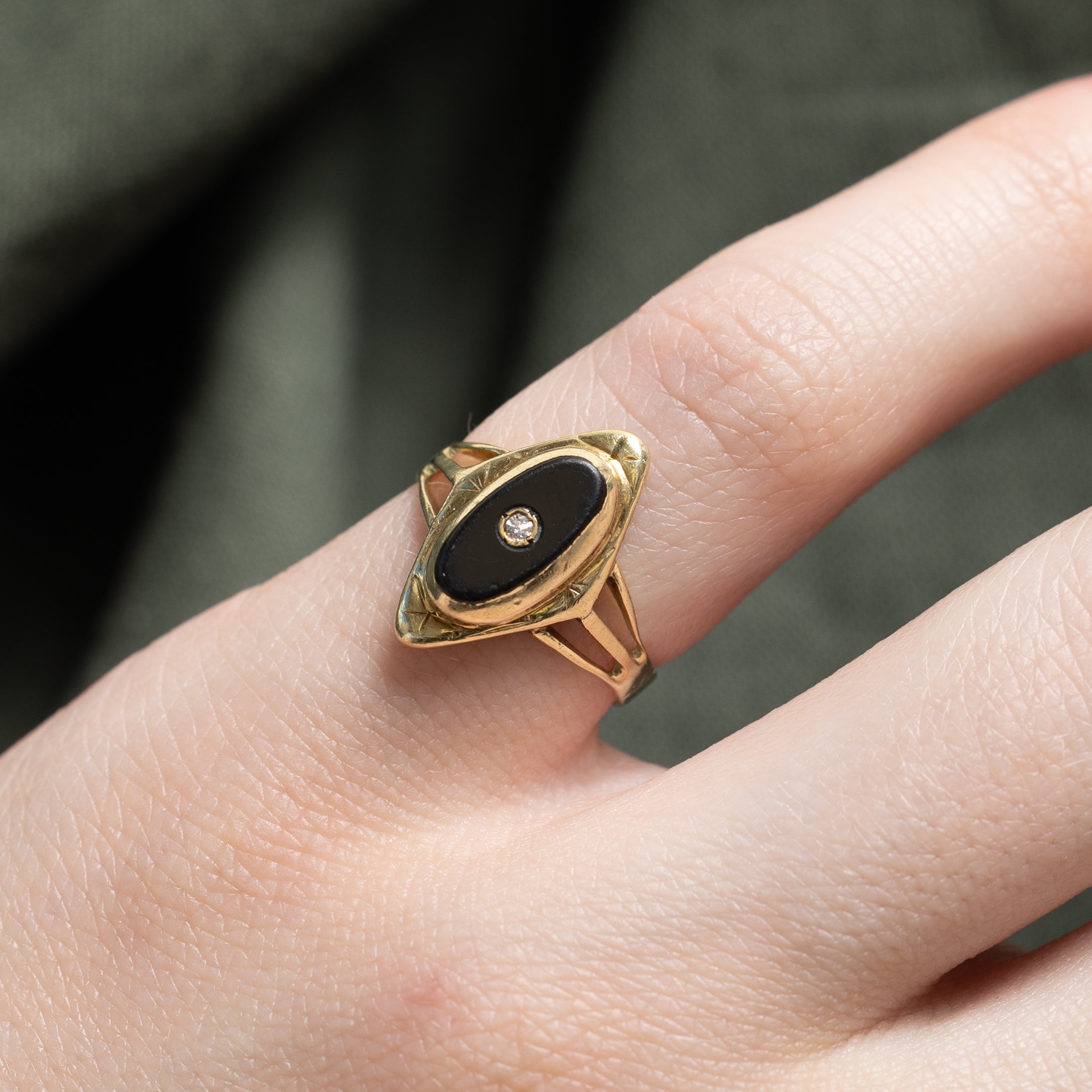 14k Onyx & Diamond Accent Navette Ring | 0.44ct | SZ 3.25