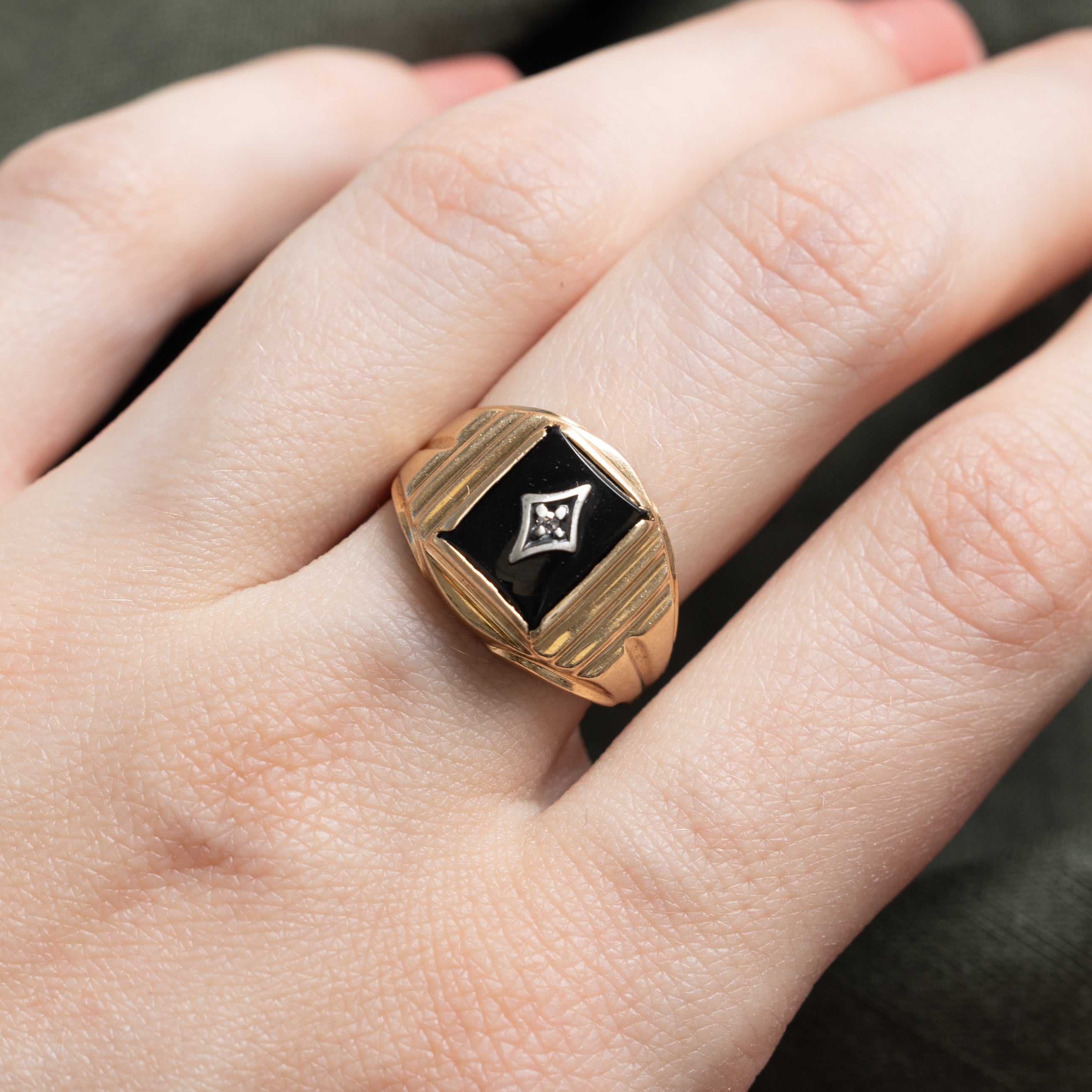 10k Rectangular Onyx & Diamond Signet Ring | 1.00ct | SZ 7.75