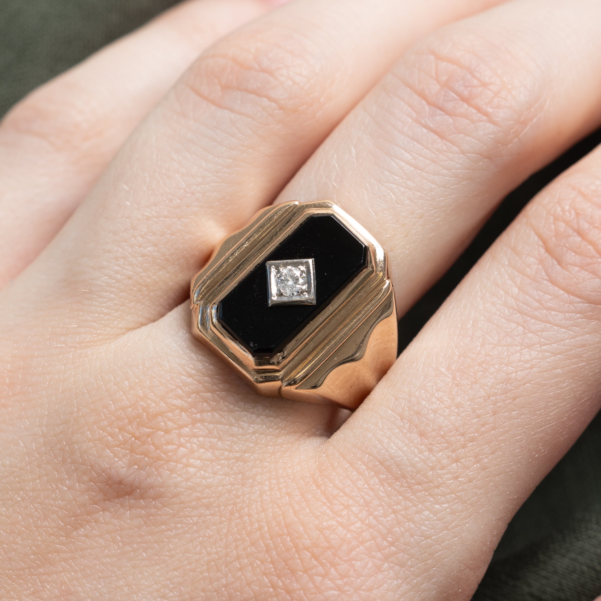 14k Octagonal Onyx & Diamond Signet Ring | 1.45ct, 0.05ct | SZ 8.75
