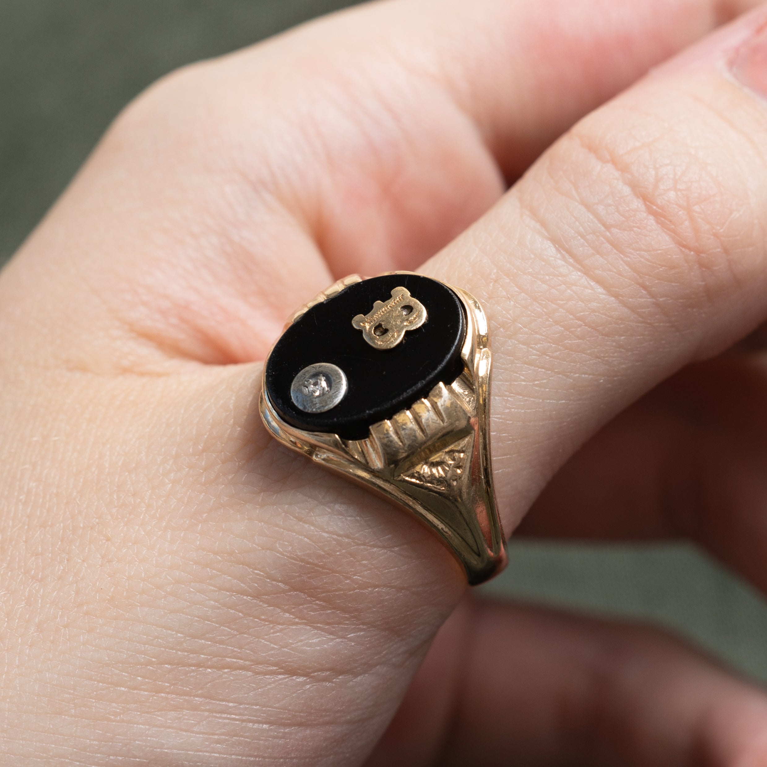 10k Onyx & Diamond "B" Initial Signet Ring | 2.83ct | SZ 11.75