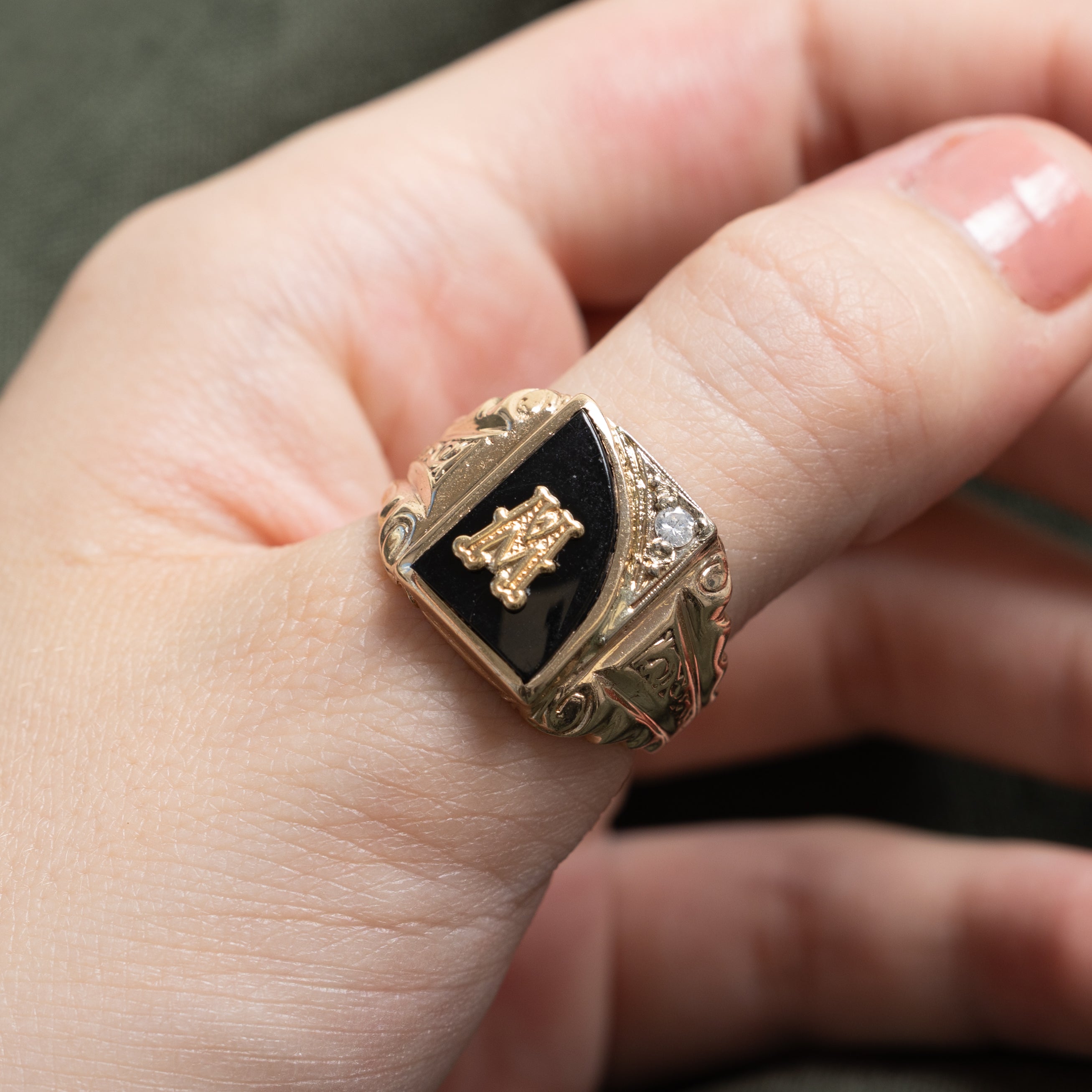 10k Onyx & Diamond "M" Initial Signet Ring | 1.77ct | SZ 9.5