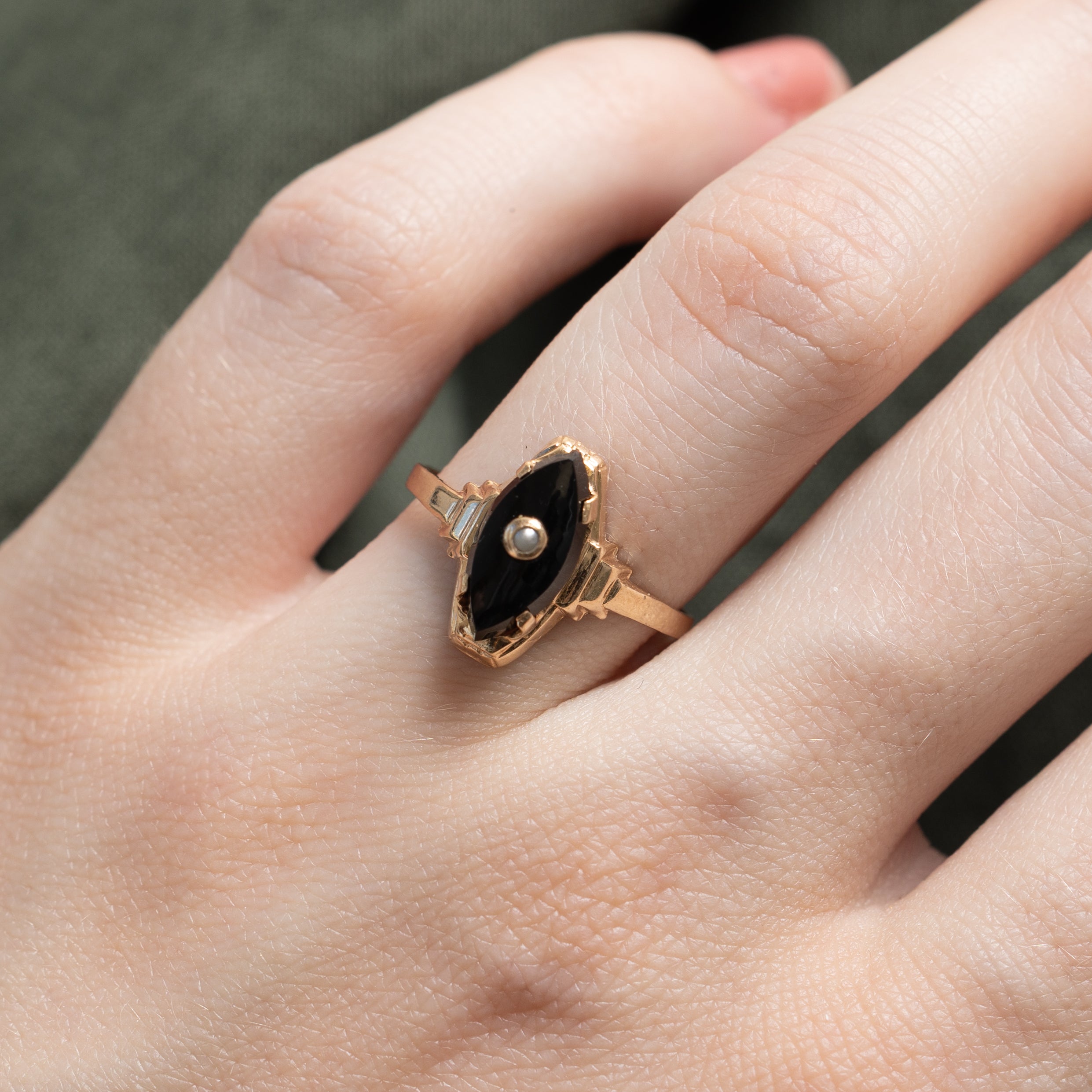10k Onyx & Seed Pearl Navette Ring | 1.05ctw | SZ 6.5