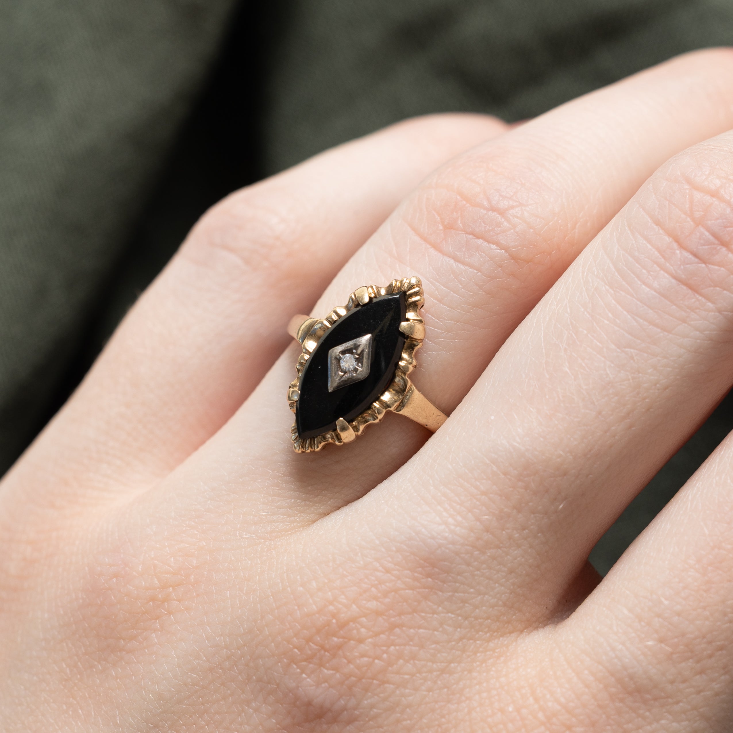 Vintage Canadian 10k Onyx & Diamond Navette Ring | 1.50ct | SZ 4.5
