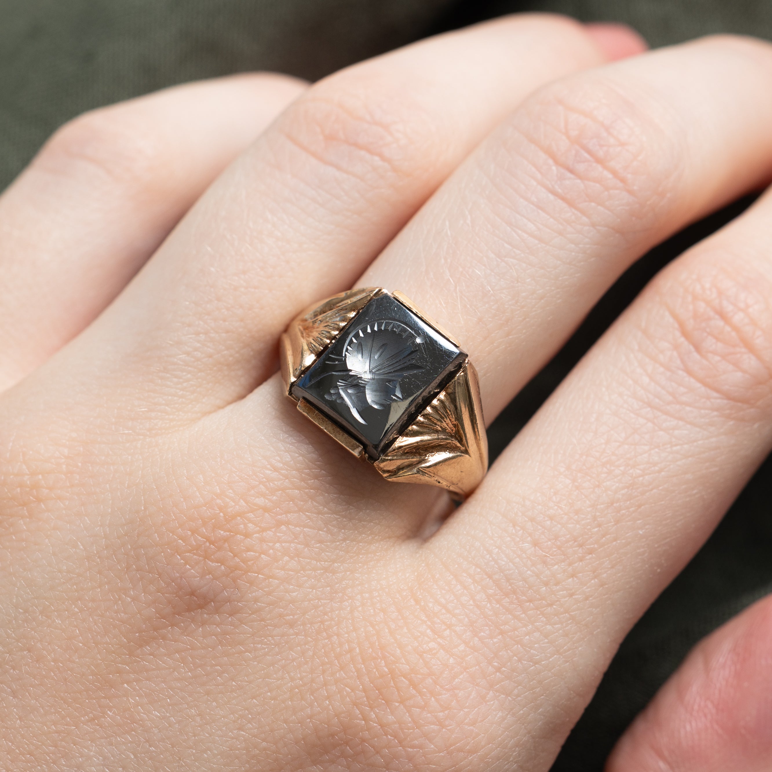 10k Hematite Legionnaire Intaglio Engraved Signet Ring | 1.88ct | SZ 9.25