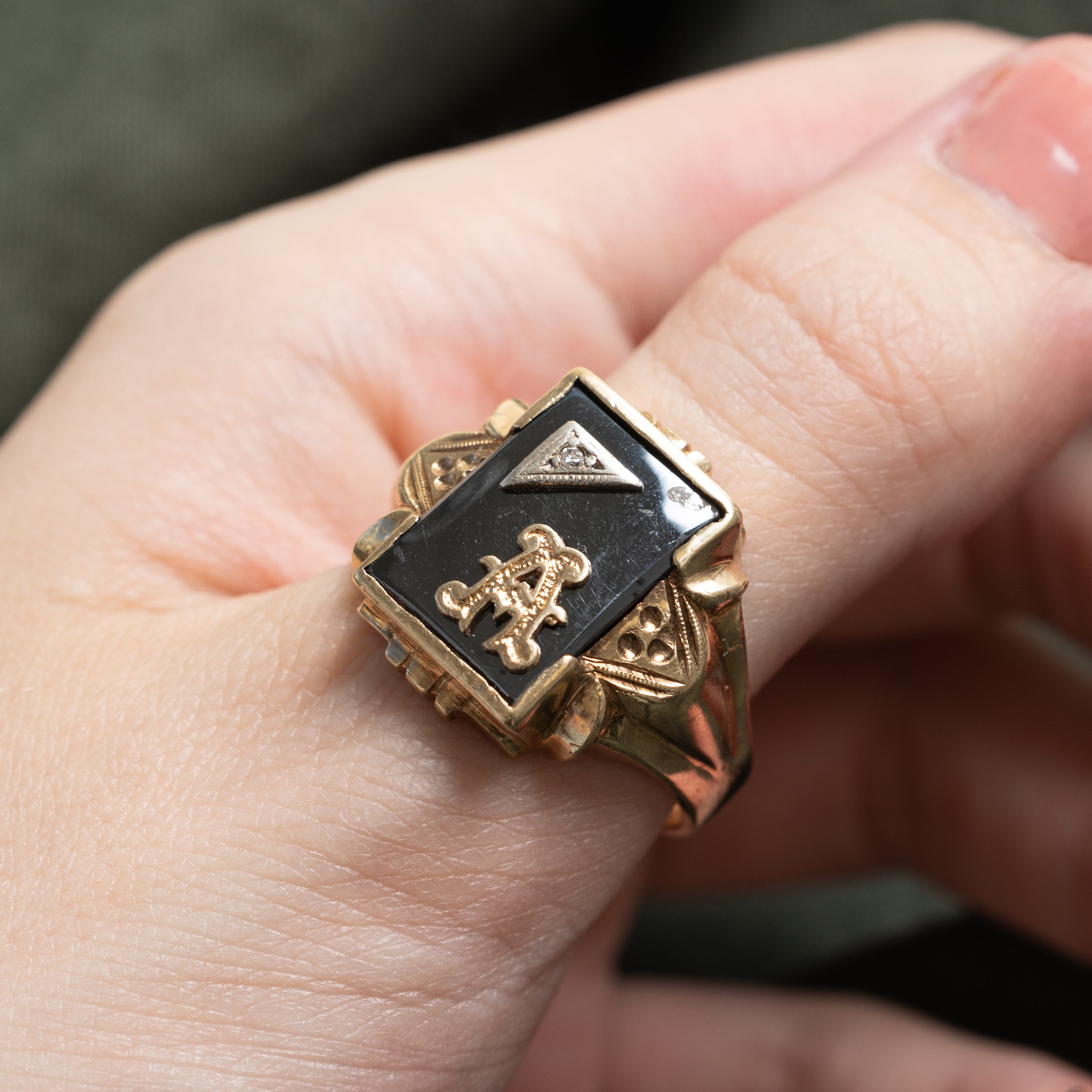10k Hematite & Diamond "A" Initial Engraved Signet Ring | 3.86ct | SZ 12.25
