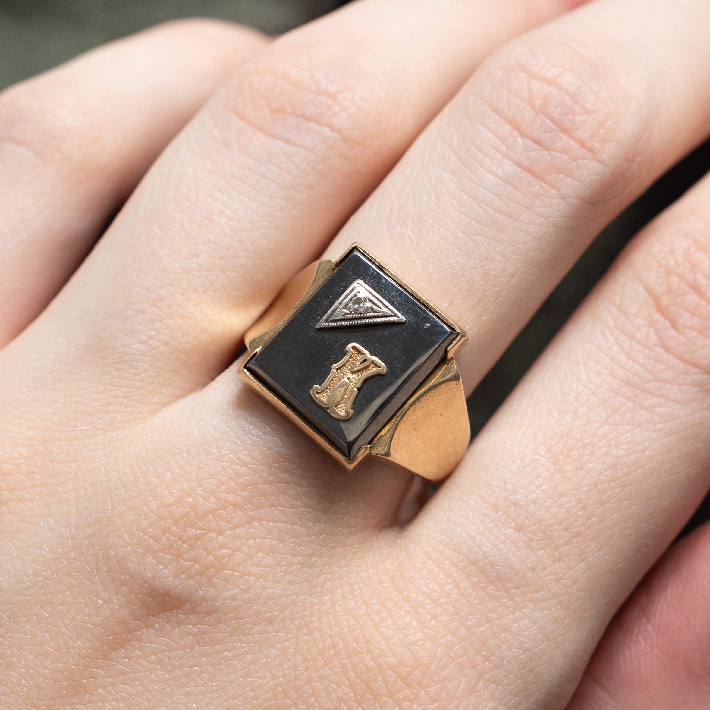 10k Hematite & Diamond "K" Initial Signet Ring | 2.45ct | SZ 9.5