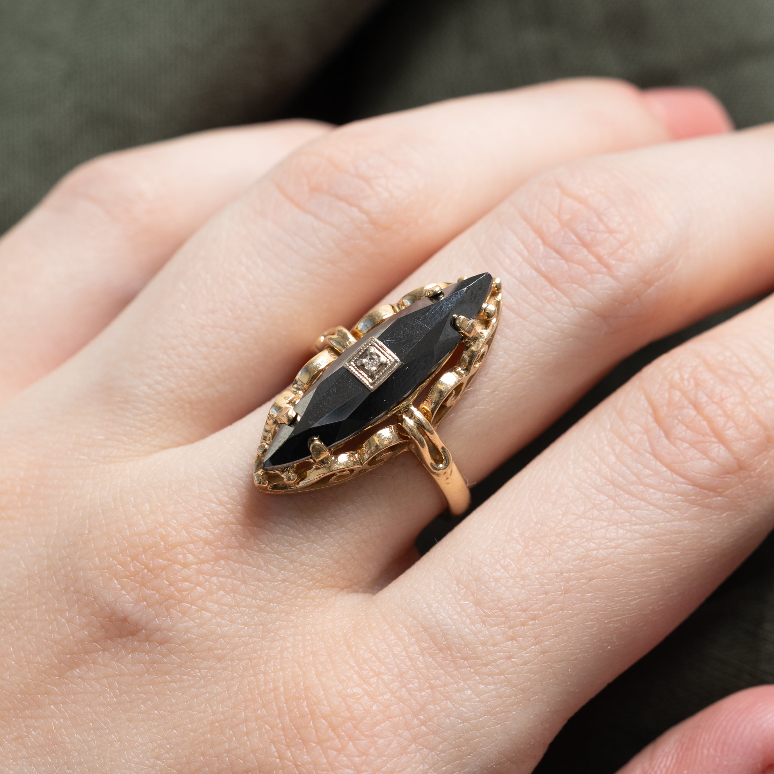 14k Hematite & Diamond Textured Navette Ring | 2.78ct | SZ 6.25