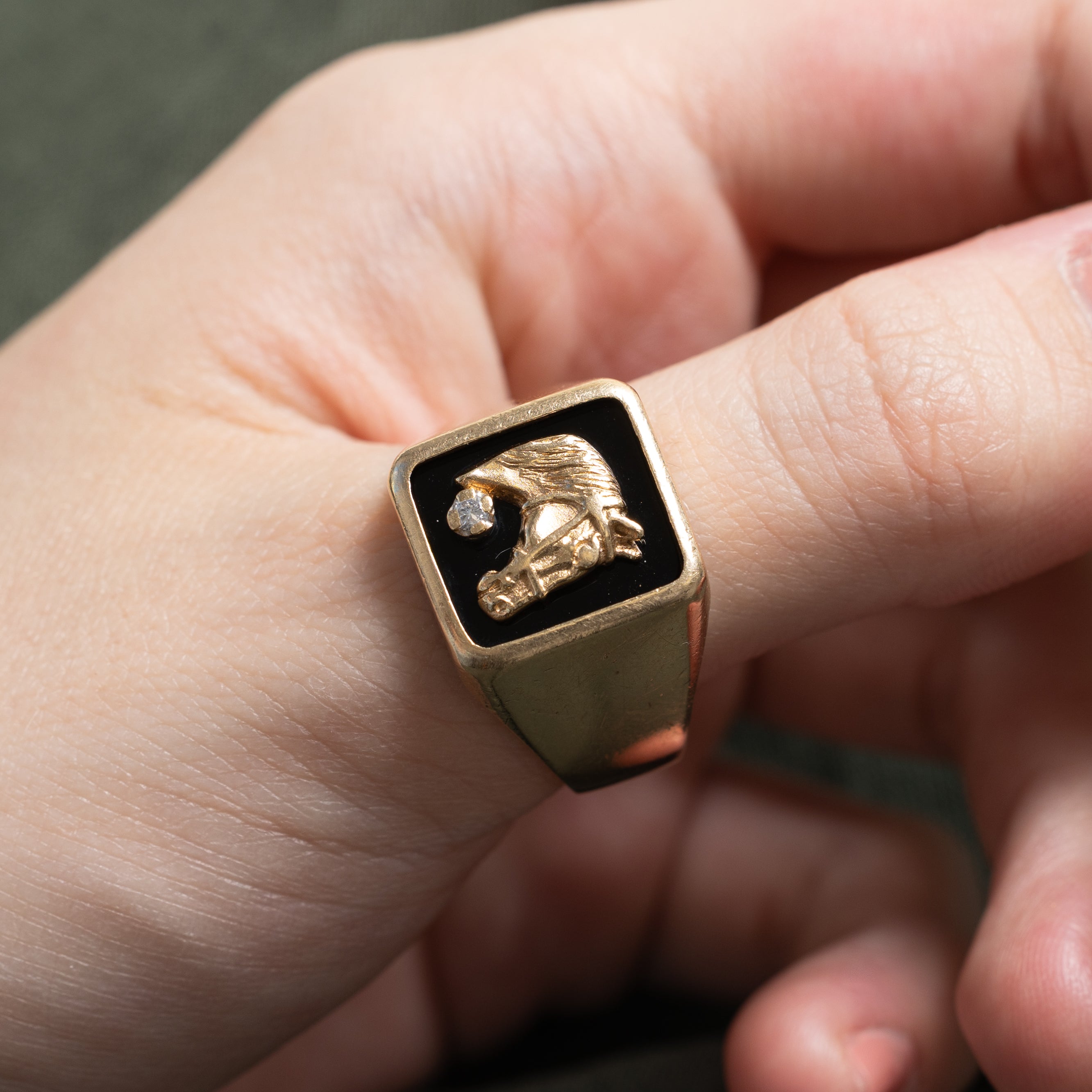 10k Onyx & Diamond Horse Signet Ring | 1.28ct | SZ 12