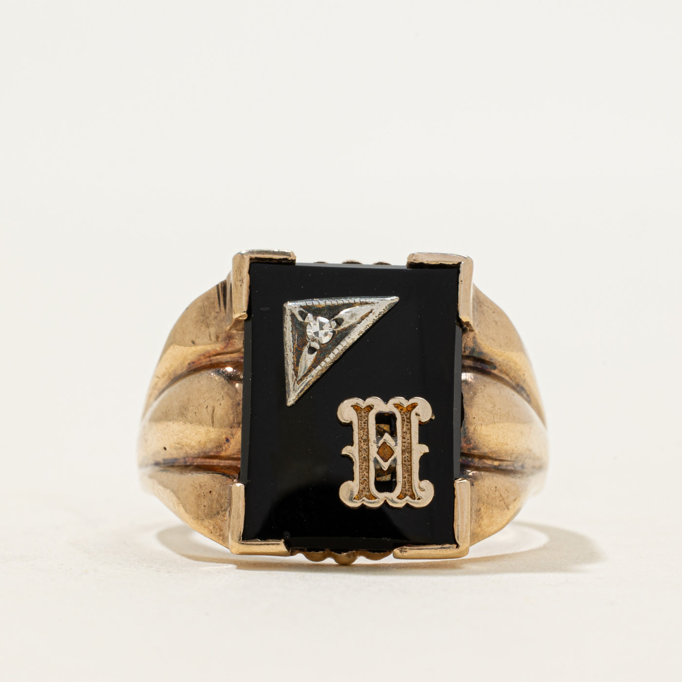 Vintage Canadian 10k Onyx & Diamond "H" Initial Signet Ring | 2.50ct | SZ 12.5