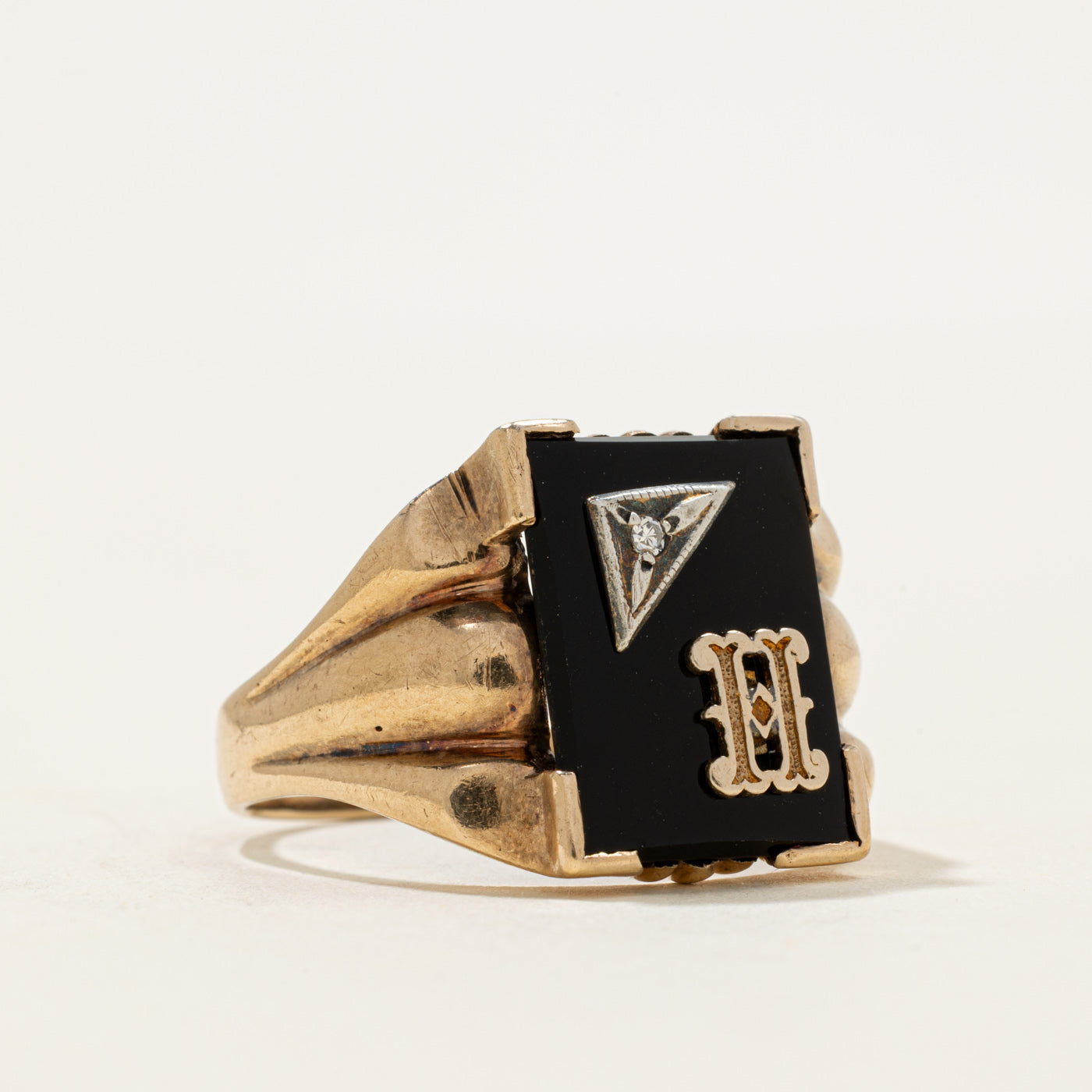 Vintage Canadian 10k Onyx & Diamond "H" Initial Signet Ring | 2.50ct | SZ 12.5