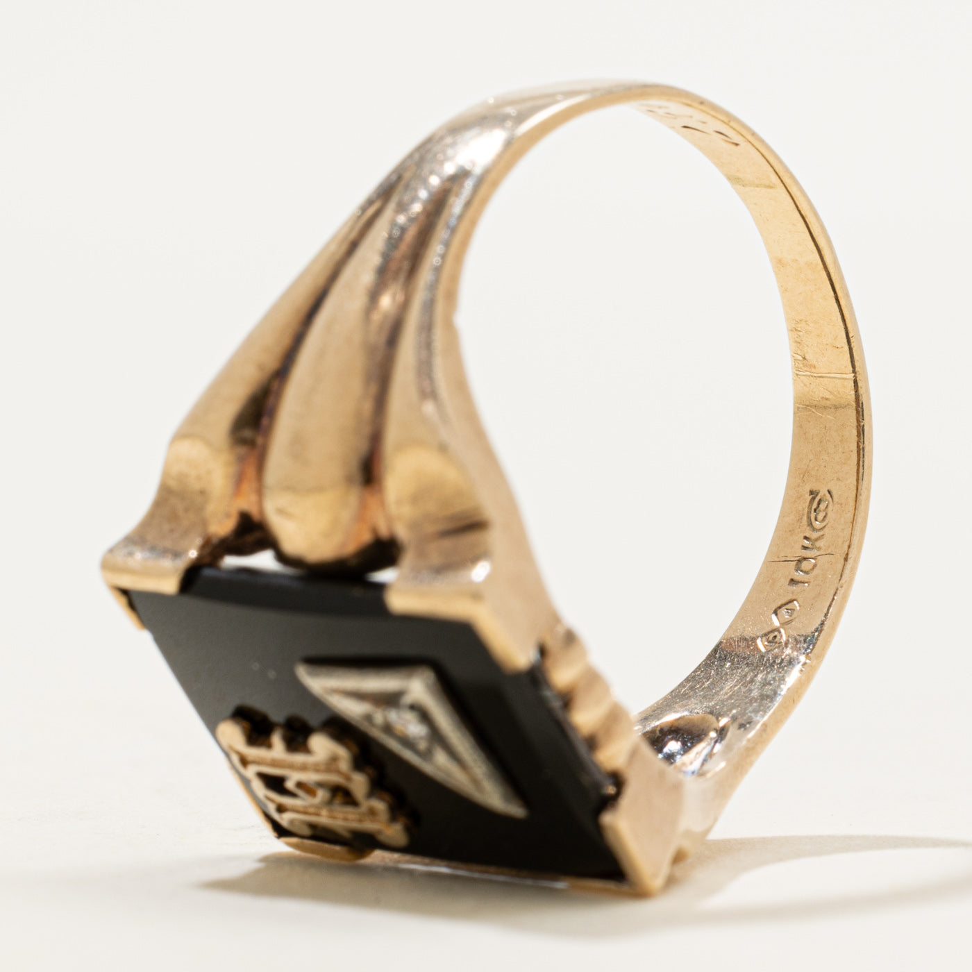Vintage Canadian 10k Onyx & Diamond "H" Initial Signet Ring | 2.50ct | SZ 12.5