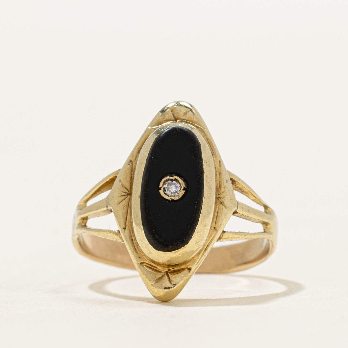 14k Onyx & Diamond Accent Navette Ring | 0.44ct | SZ 3.25